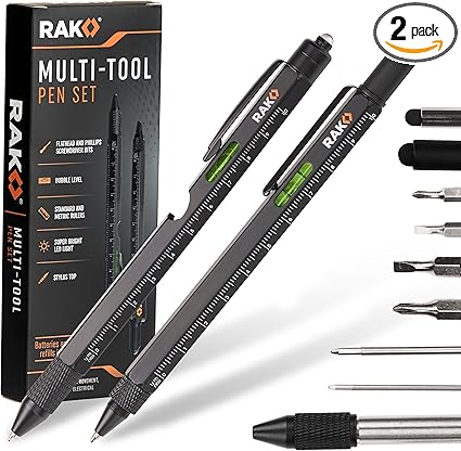 RAK Multitool Pen - Multi-Tool Pens, LED Light, Flathead, Phillips Screwdrivers, Level, Ruler, Bottle Opener, and Stylus. Cool Gadgets Gifts for Men, Dad, EDC Pen Tool, Gift-Ready Box, Pack of 2
