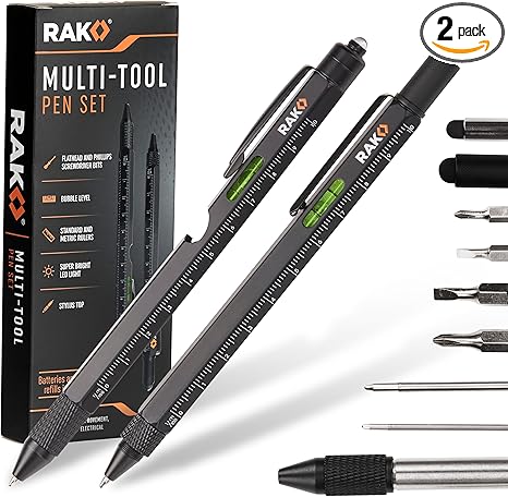 RAK Multitool Pen - Multi-Tool Pens, LED Light, Flathead, Phillips Screwdrivers, Level, Ruler, Bottle Opener, and Stylus. Cool Gadgets Gifts for Men, Dad, EDC Pen Tool, Gift-Ready Box, Pack of 2