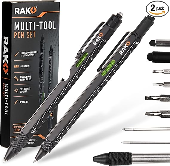 RAK Multitool Pen - Multi-Tool Pens, LED Light, Flathead, Phillips Screwdrivers, Level, Ruler, Bottle Opener, and Stylus. Cool Gadgets Gifts for Men, Dad, EDC Pen Tool, Gift-Ready Box, Pack of 2