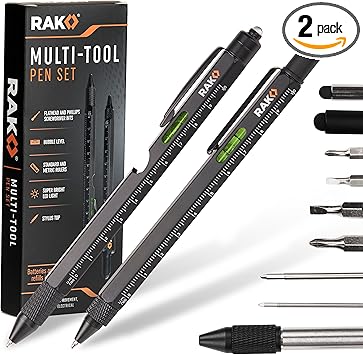 RAK Multitool Pen - Multi-Tool Pens, LED Light, Flathead, Phillips Screwdrivers, Level, Ruler, Bottle Opener, and Stylus. Cool Gadgets Gifts for Men, Dad, EDC Pen Tool, Gift-Ready Box, Pack of 2