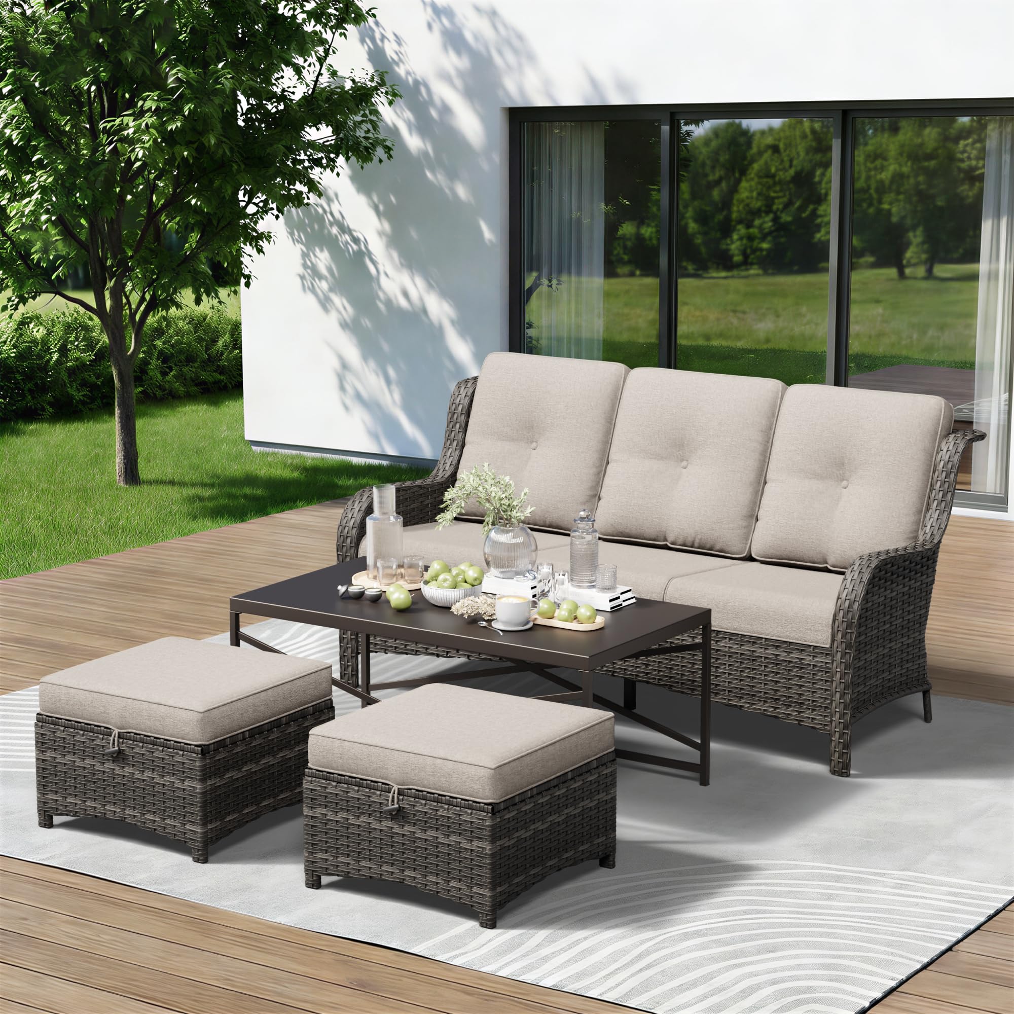 4-Piece Outdoor Couch Set, Includes Wicker Patio Sofa with Thickened Olefin Cushions, High Back and Deep Seating, Hand-Woven PE Rattan and 2 Ottomans, 1 Coffee Table for Porch, Deck