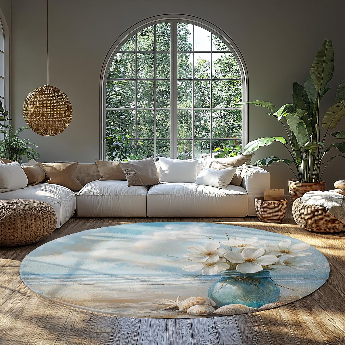Tapis rond 120cm bleu ciel et plage pour décorer une chambre cosy