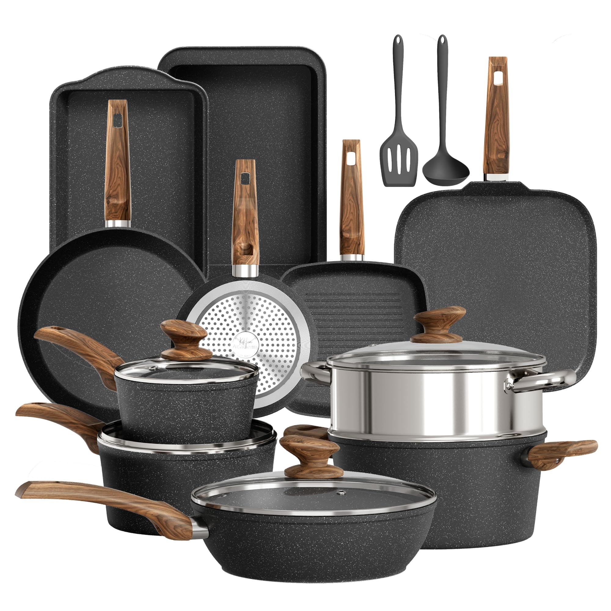 DishDelight Induktions-Kochgeschirr-Set mit Grillplatte 17-teiliges Induktions Töpfe Set Topf und Pfannenset mit Deckel Granit Antihaftbeshichtung Topfset Kochtopf