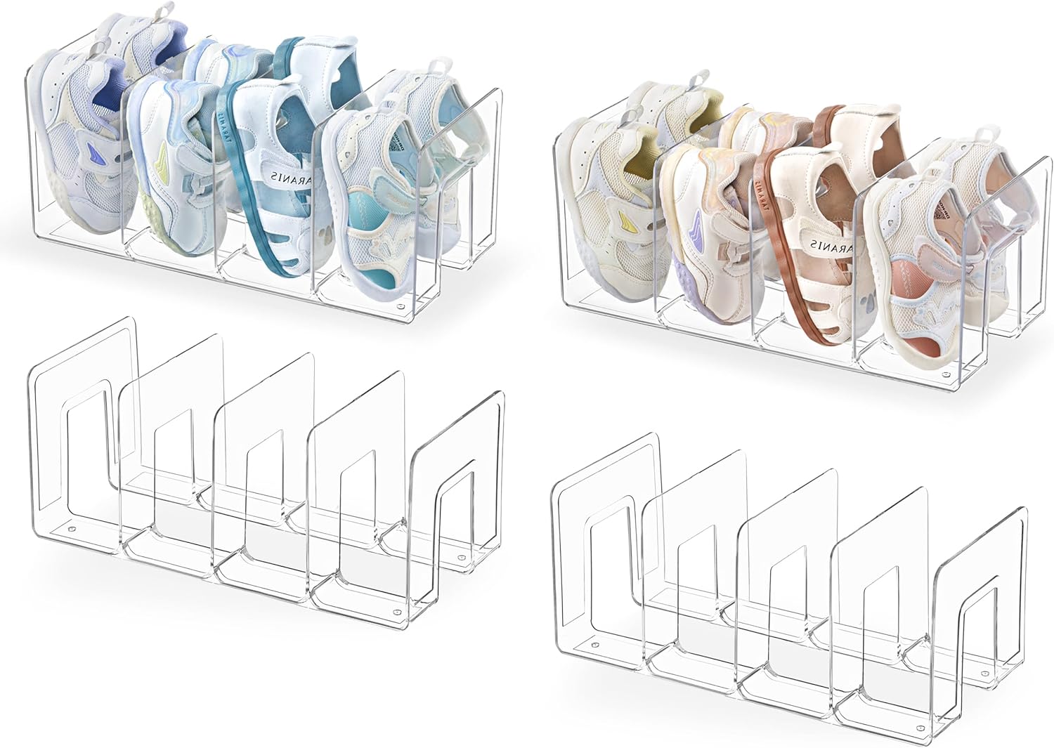 hblife clear acrylic kids shoe rack for closet organizers and storage, small shoe rack 4 sections toddler baby shoe storage organizer stackable shoe shelf,desk file sorter book purse organizer(4 pack) clear 4 pack