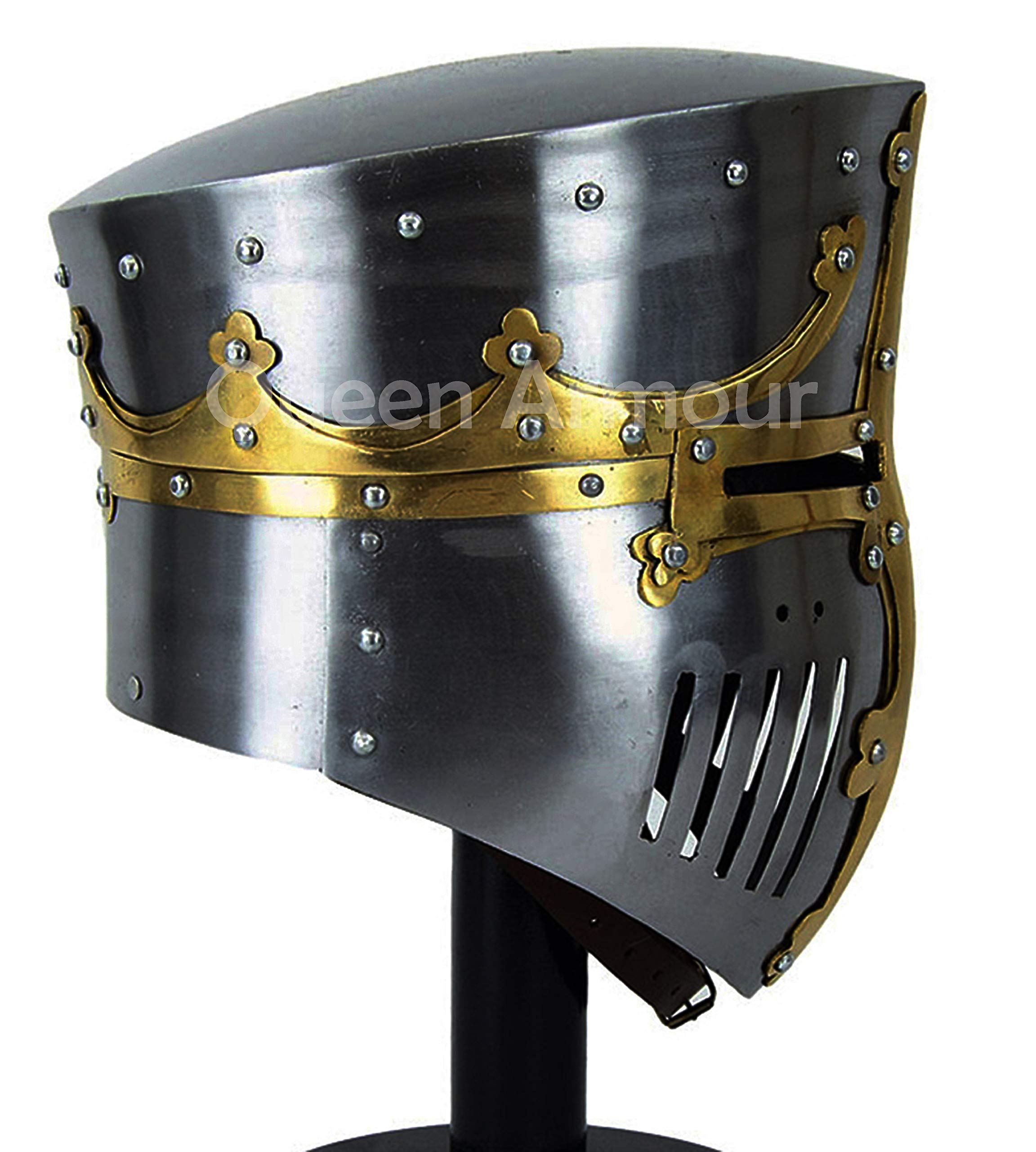 Queen Armour Medieval 13th Century Great Pot Helmet with Brass Crown and Cross Silver