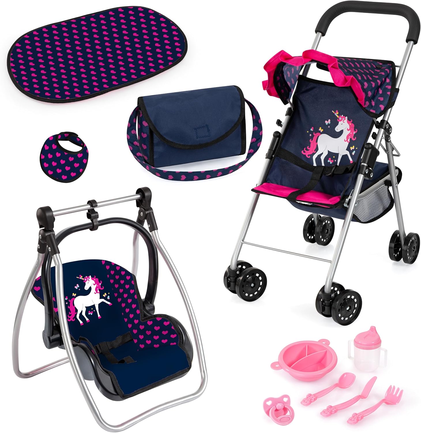 Bayer: 11 Piece Stroller Set - Navy, Pink, Hearts, Unicorn - Swing, Bag, Changing Mat, Feeding Accessories for Dolls, Kids Toy, Ages 3+