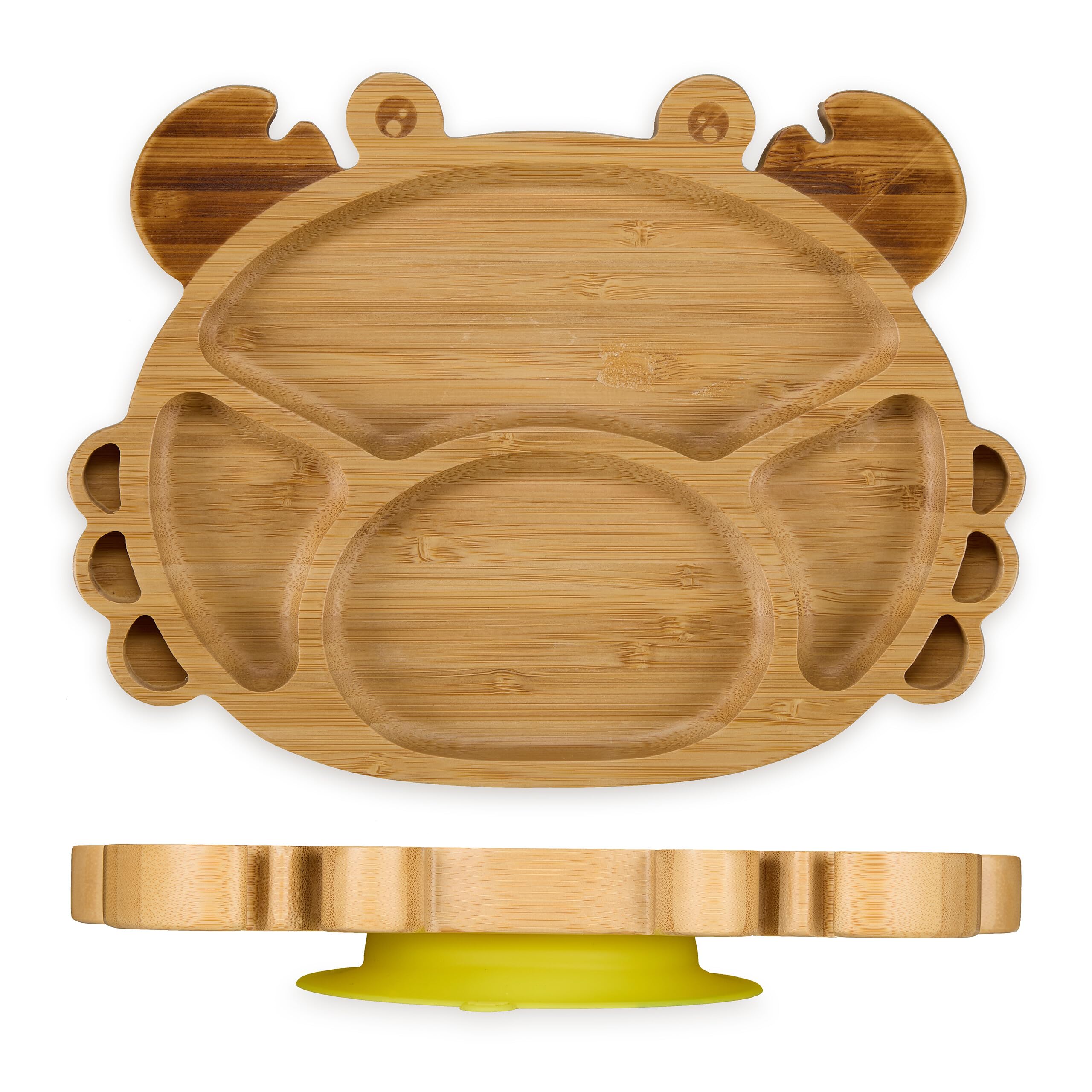 Relaxdays Baby Teller mit Saugnapf, Bambus, Krabbe, rutschfest, BPA-frei, Beikost, unterteilter Kinderteller, natur