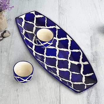 StyleMyWay Hand Painted Ceramic Serving Platter with Two Dip Bowls (Blue, 38 cm x 16 cm) | Kebab Platter
