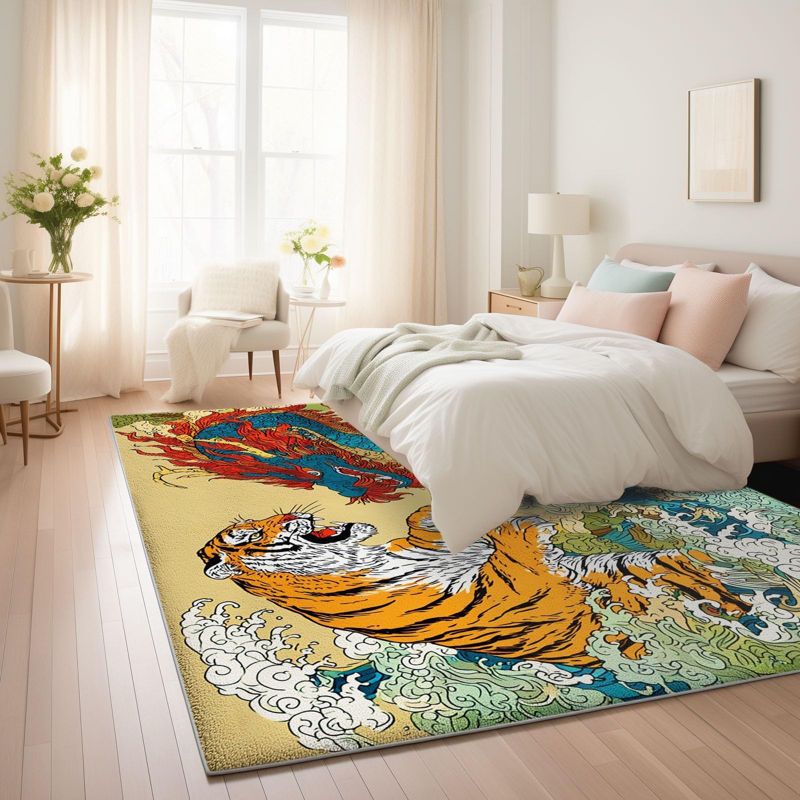 Tapis 90x180 cm, Motif Dragon et Tigre Chinois, Lavable, pour Salon ou Chambre, Style Asiatique, Motif Vagues Marines japonaises, Fin et antidérapant