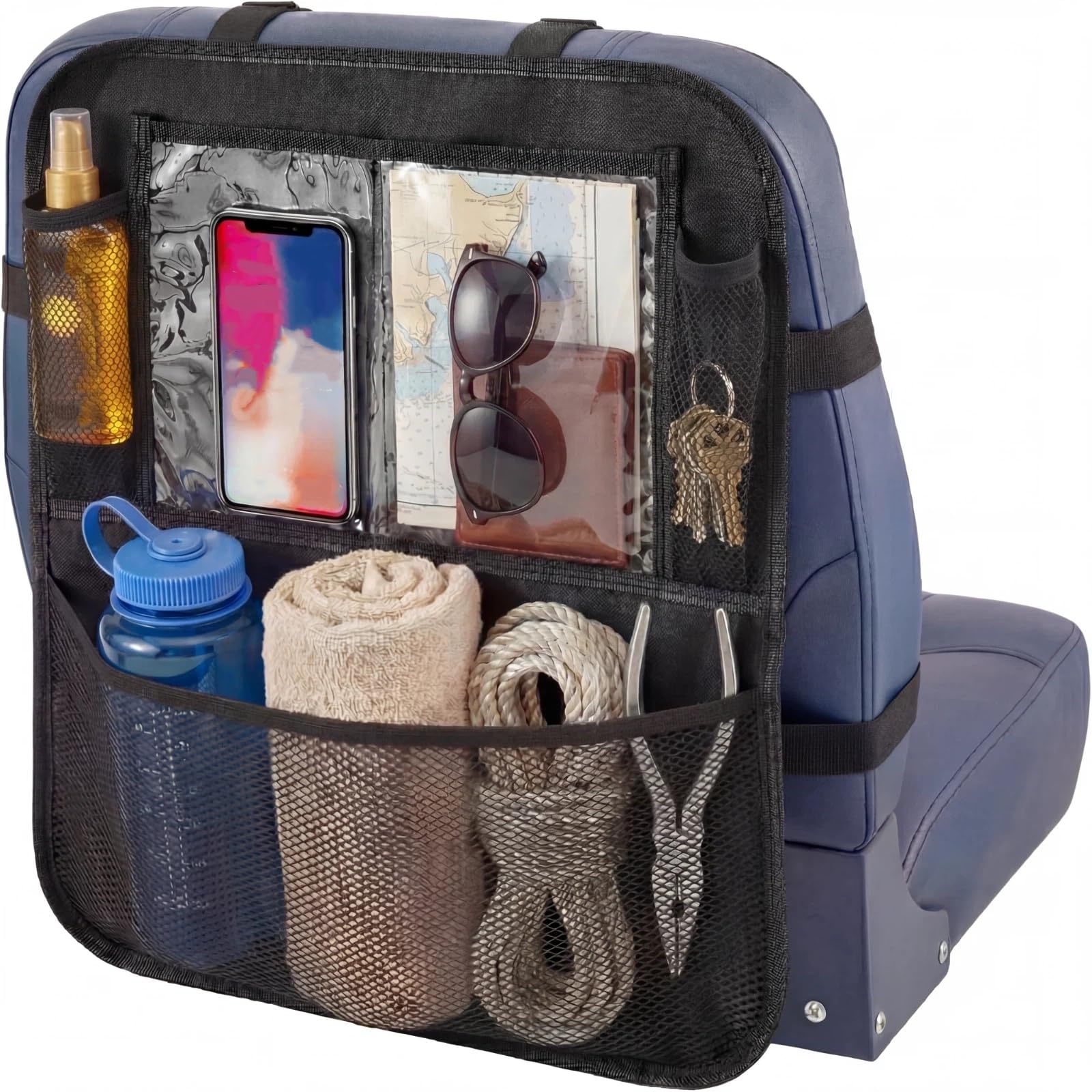 SilTriangle Boat Seat Organizer, Waterproof Marine Storage Bag with Mesh Pockets, Large Capacity Backseat Storage for Boat Accessories, Fishing Gear, Tools