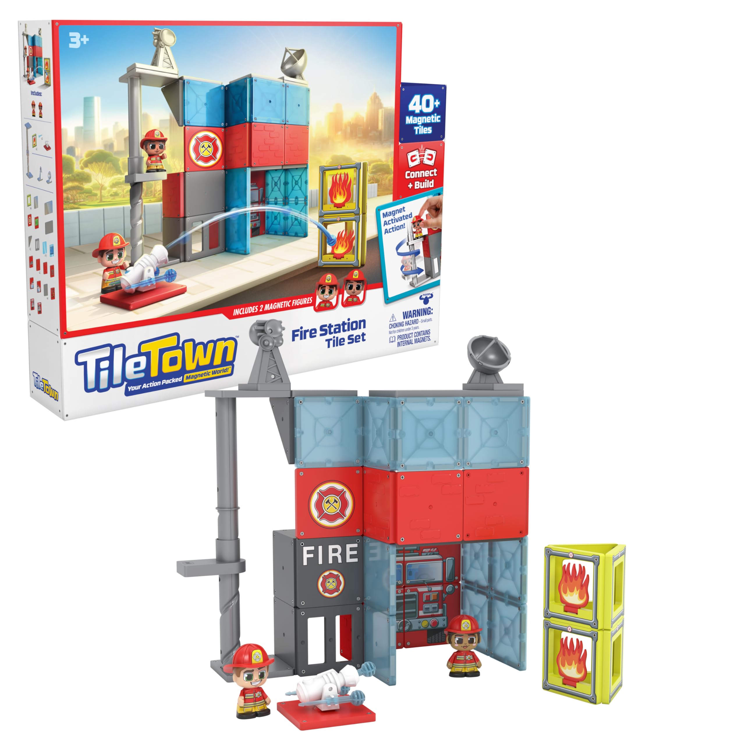 Fire House Magnetic Tiles Construction Building Playset + Figures, Kids 3-5+, New ACTION TILES for Action Play, Realistic Builds, STEM Creative Toy, Great Gift for Boys & Girls