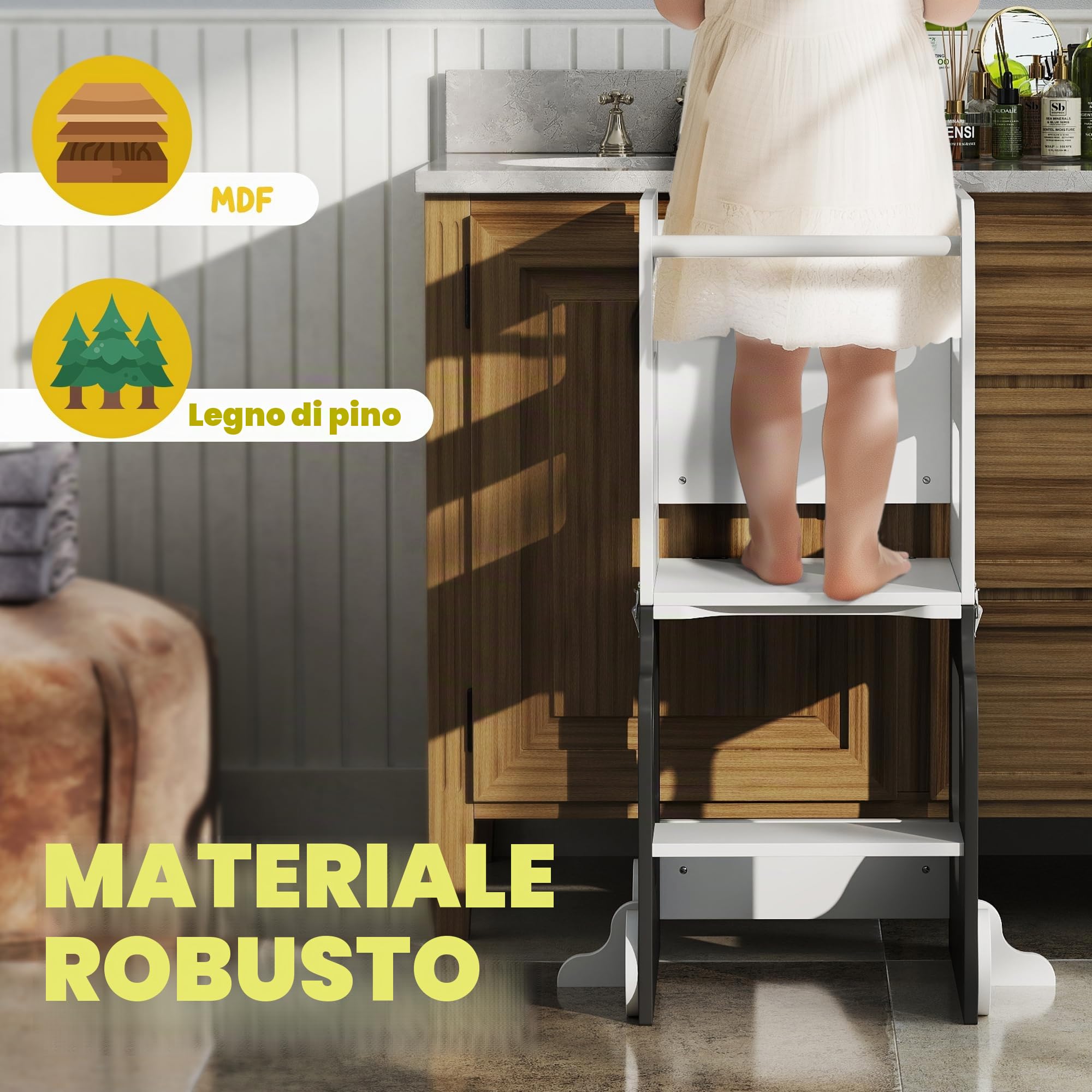 AIYAPLAY Scala Montessori 4 in 1 Pieghevole per Bambini 3-6 Anni con 2 Lavagne e Set Tavolo e Sedia, Torre Montessoriana a Forma di Auto in MDF e Legno di Pino, 58x46x92 cm, Bianco