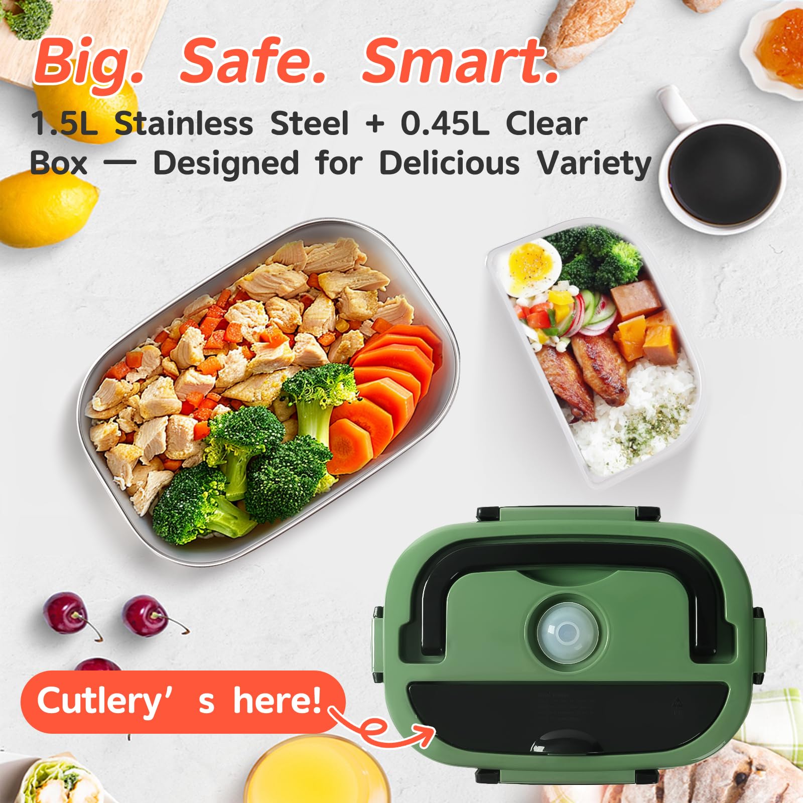 MULBEVD 3-in-1 Elektrische Lunchbox - 2x1,5L Edelstahl Mit 100W Heizung & Auslaufsicherem Design