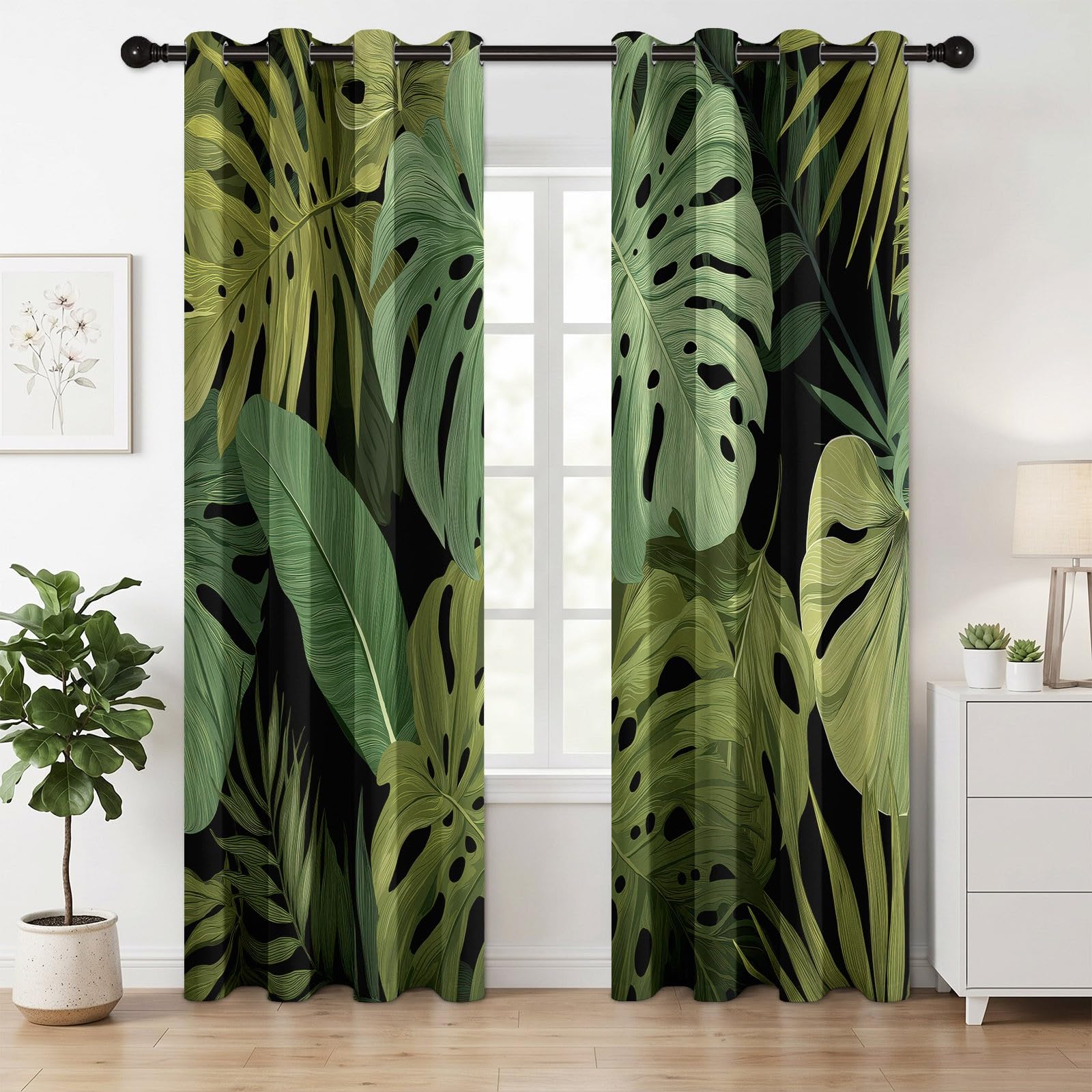 117 x 229 cm, zestaw 2 termicznych zasłon zaciemniających Tropikalna dżungla, rośliny monstera zachwycające, izolowane zasłony okienne, tłumiące hałas i światło, miękka i elegancka tkanina do salonu