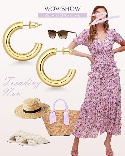 Miniatura 4 de Wowshow Aretes de aro de oro grueso, pequeños aretes de aro de oro para mujer, chapados en oro real de 14 quilates, aros gruesos y abiertos,