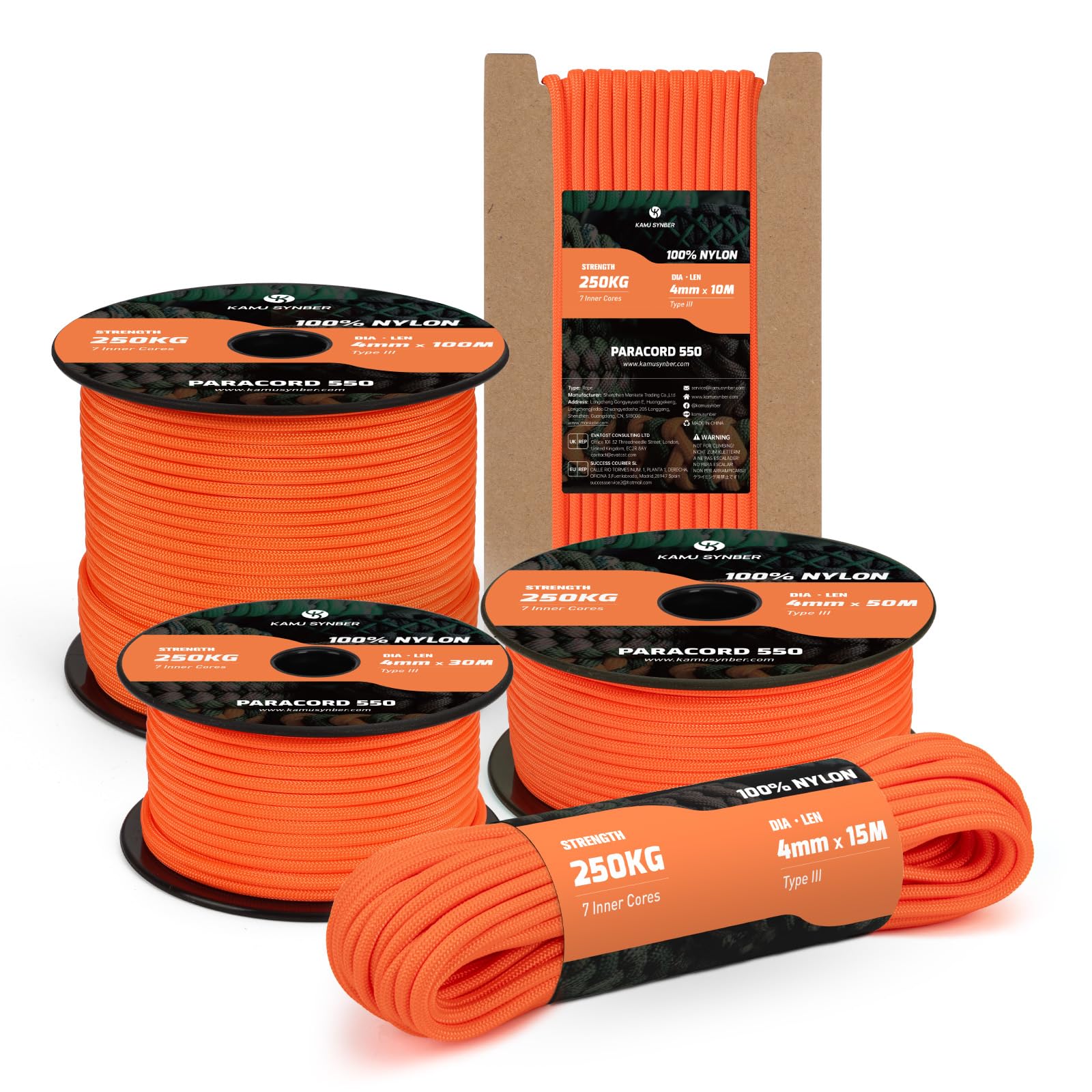 Kamu Synber 550 Paracord 4mm 30m Typ III Schnur 7 Stränge Nylon Seil Fallschirmschnur für Basteln, Outdoor, Camping, Survival | Tragkraft 250kg | Orange