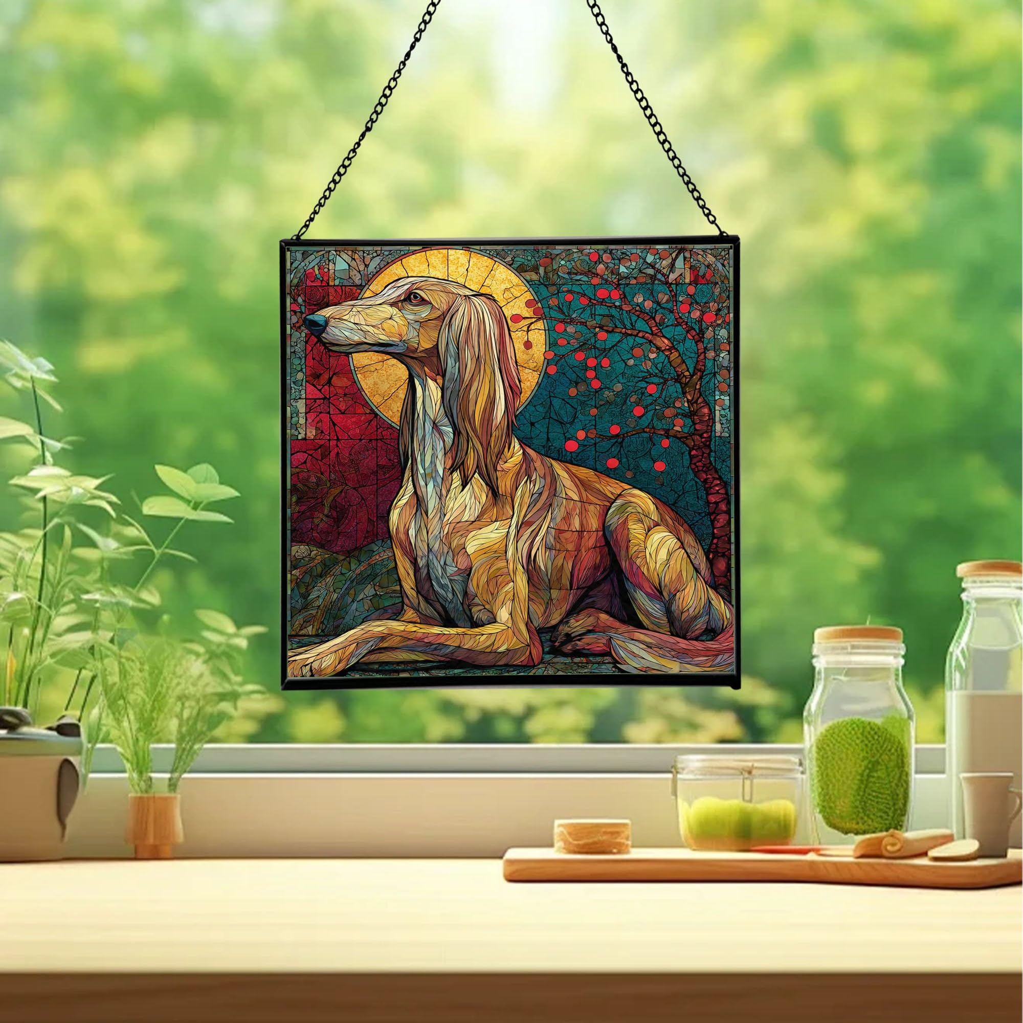 Saluki Dog Christmas Stained Glass Suncatcher – Square Hanging Holiday Window Panel with Cozy Fireplace Scene – Winter Glass Art Decoration Gift for Animal Lovers, Pet Owners DWSg8d