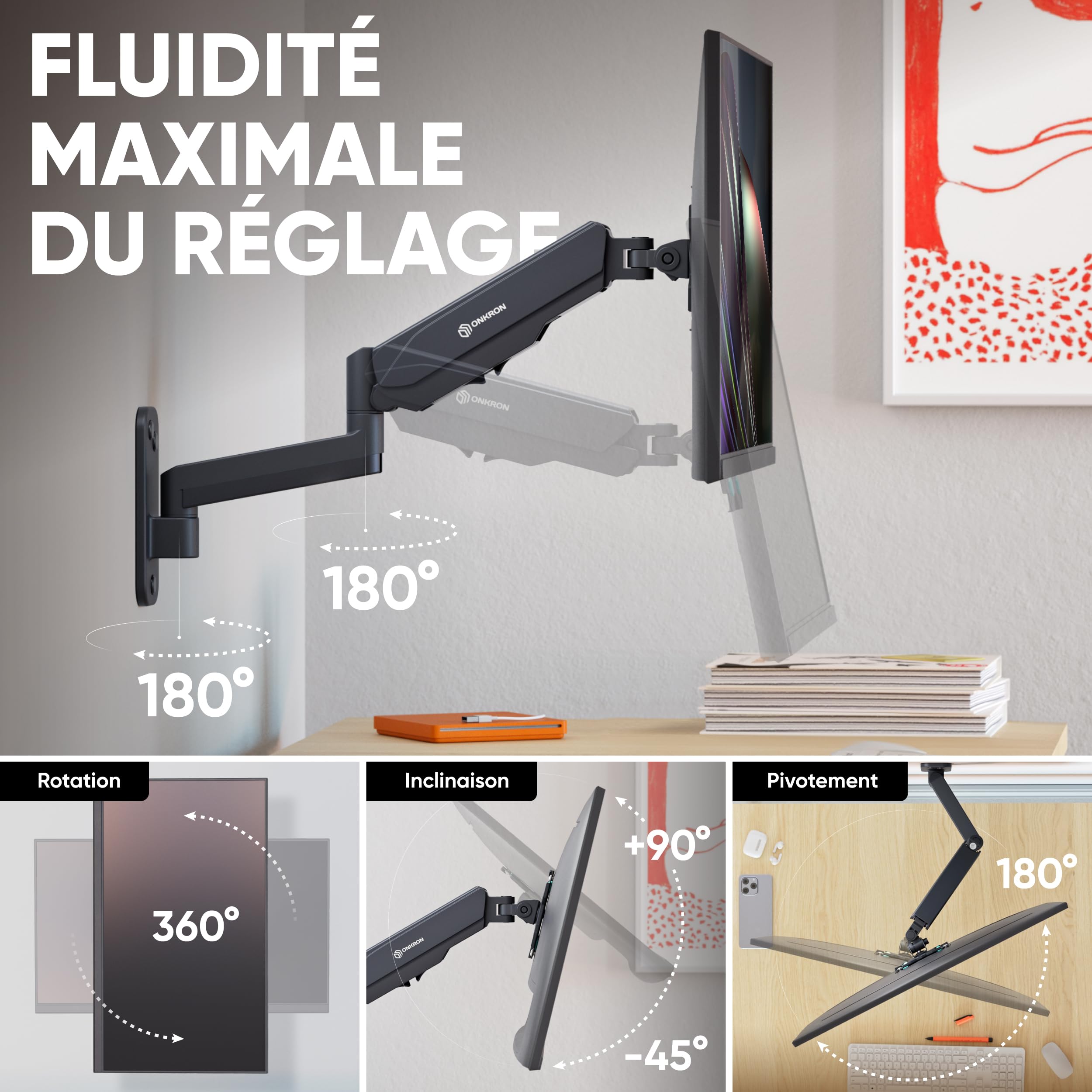 ONKRON Support Ecran PC Mural 13-34 Pouces, Support Mural TV/Ecran jusqu'à 8 kg - Bras Television Mural VESA 75x75 et VESA 100x100/Support Mural Ecran Inclinable Pivotant Orientable G150-B Noir