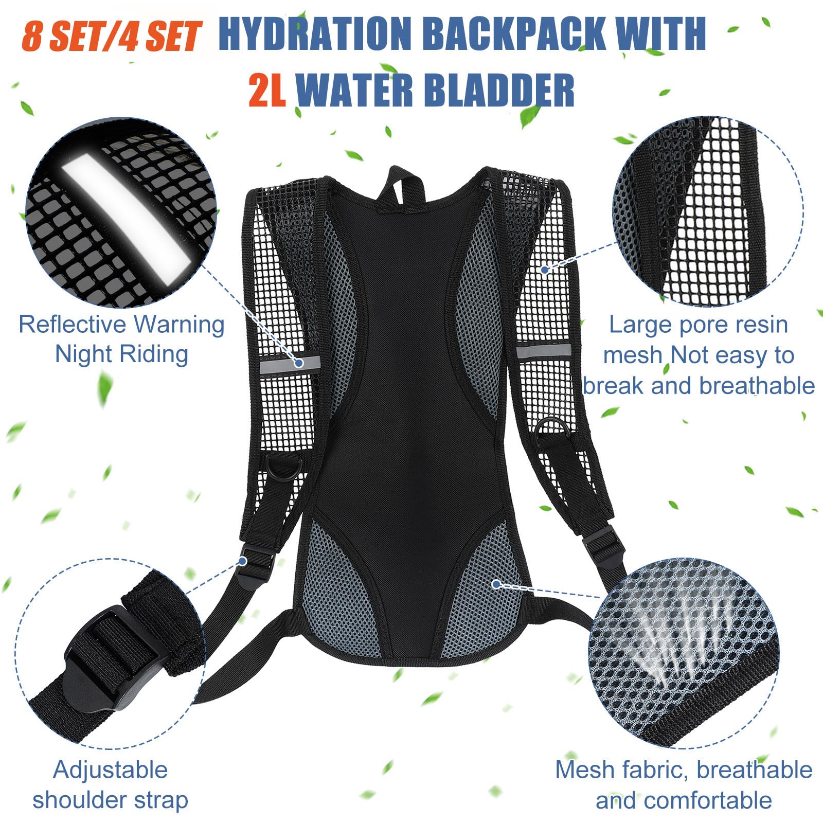 Lot de 4 sacs à dos d'hydratation avec poche à eau de 2 L - Sac à dos léger pour l'extérieur - Pour homme et femme - Pour course à pied, cyclisme, escalade, vélo