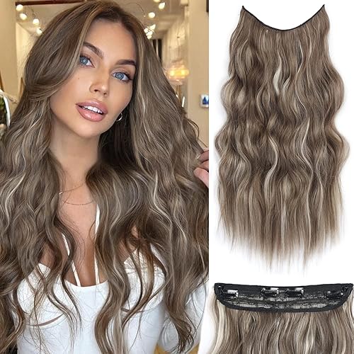 Lycheenea Extensiones de cabello tipo halo con alambre transparente, tamaño ajustable, 4 clips de seguridad, 20 pulgadas de largo, ondulado, postizo