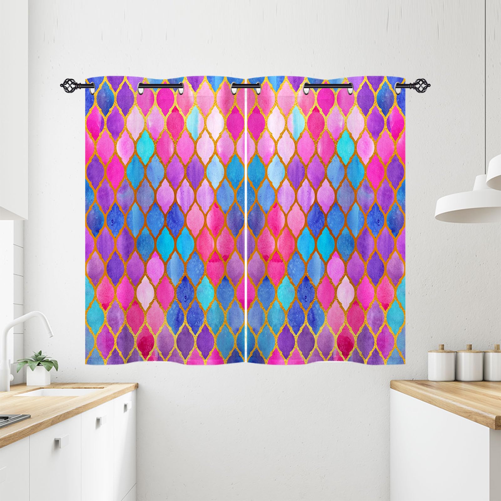ANHOPE Mermaid Scale Curtains Eyelet Ring Top Soft Thermal Insulated Blackout Curtains Geometric Fish Scale Print Pattern Decorative Window Drapes for Bedroom Living Room 28 x 54 Drop Inch 2 Panels — image 1