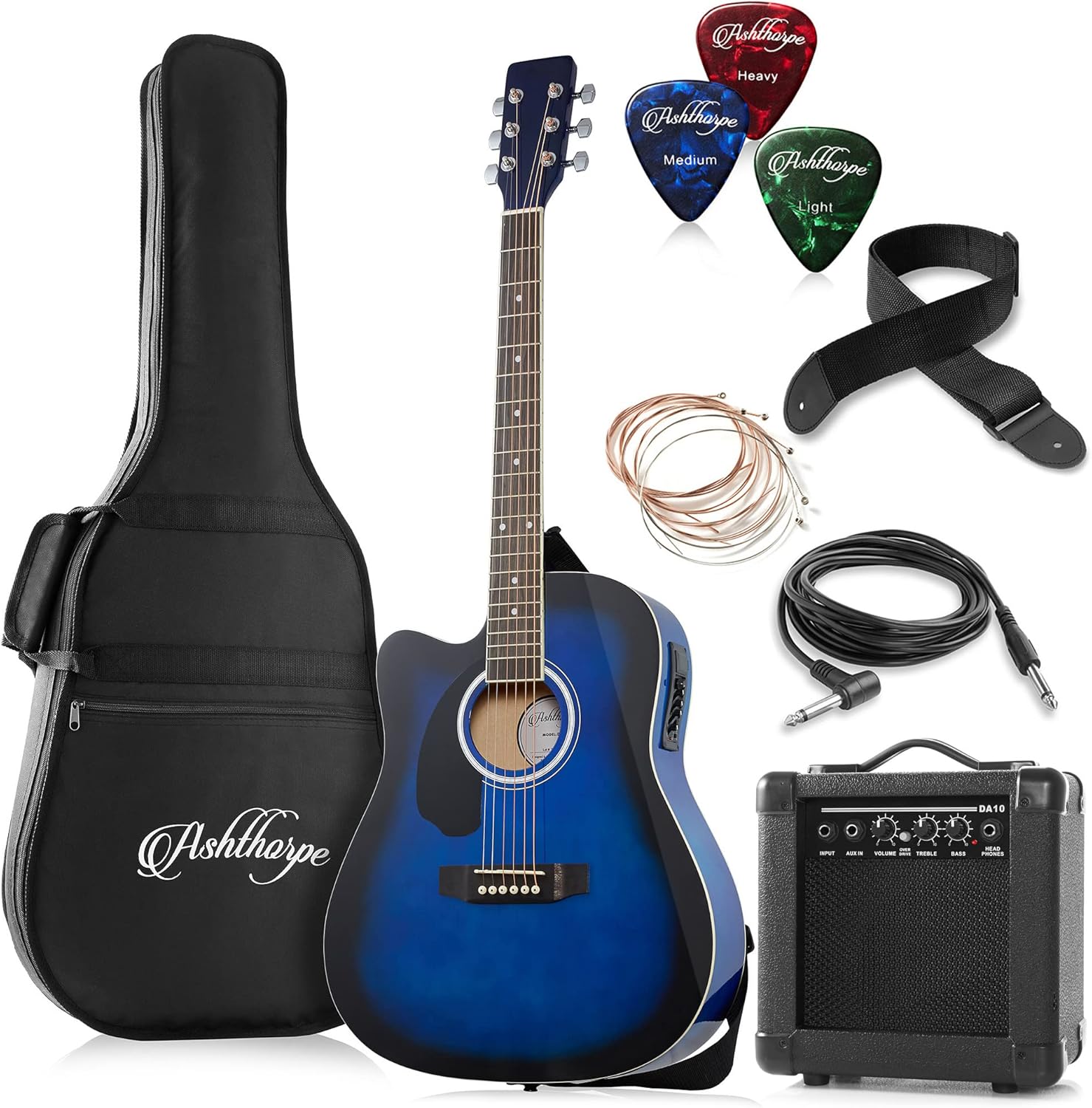 Ashthorpe Left Handed Full-Size Dreadnought Cutaway Acoustic Electric Guitar Package with 10 Watt Amp - Red