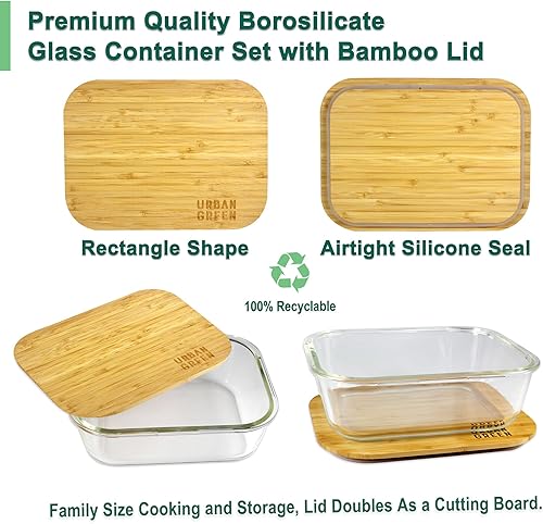 Miniatura 2 de Urban Green Recipiente de vidrio con tapa de bambú, 2 paquetes de 50 onzas, recipiente grande de almacenamiento de alimentos de vidrio con tapas,