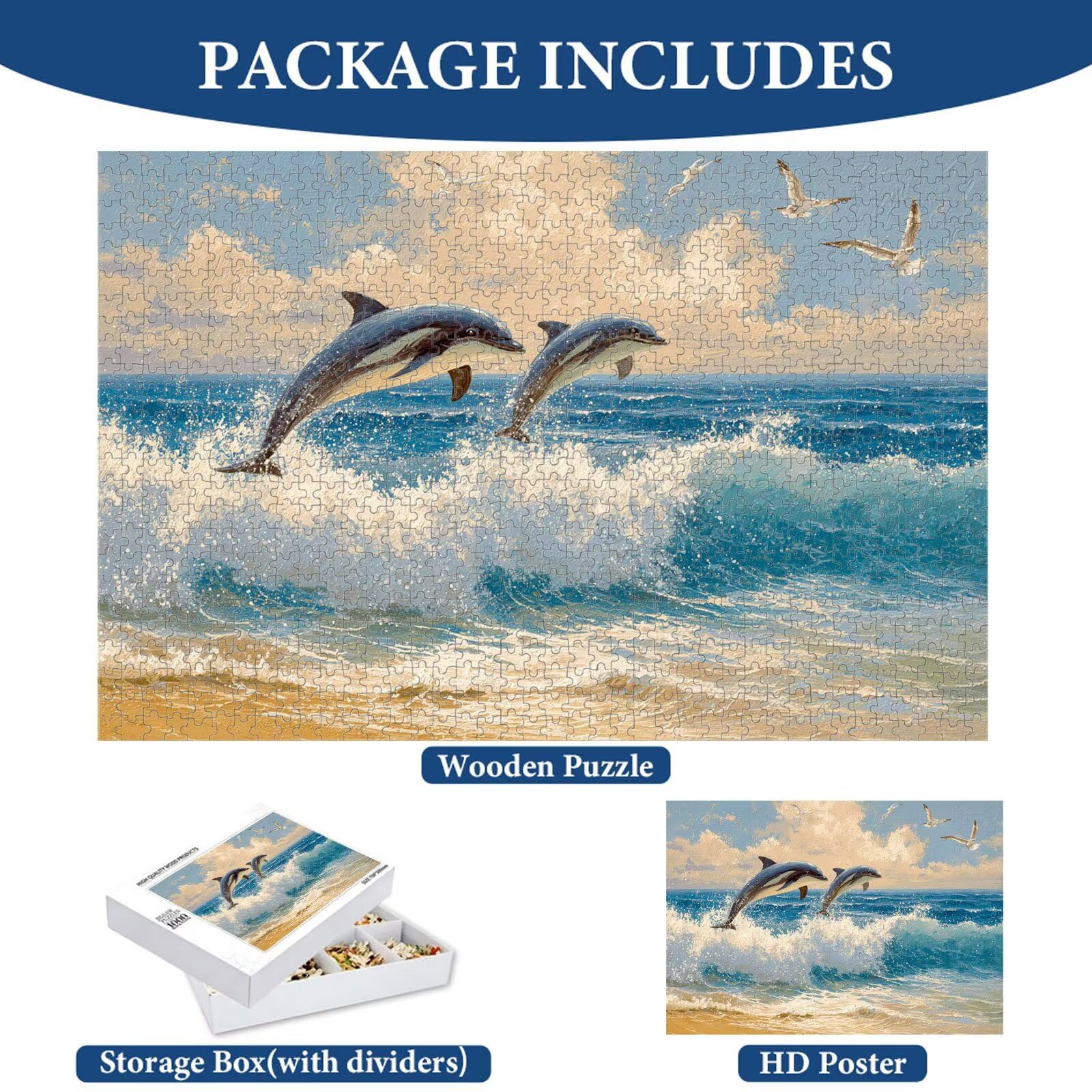 Puzzle 1500 elementów dla dorosłych, delfin i ptak drewniane puzzle, 1T#159