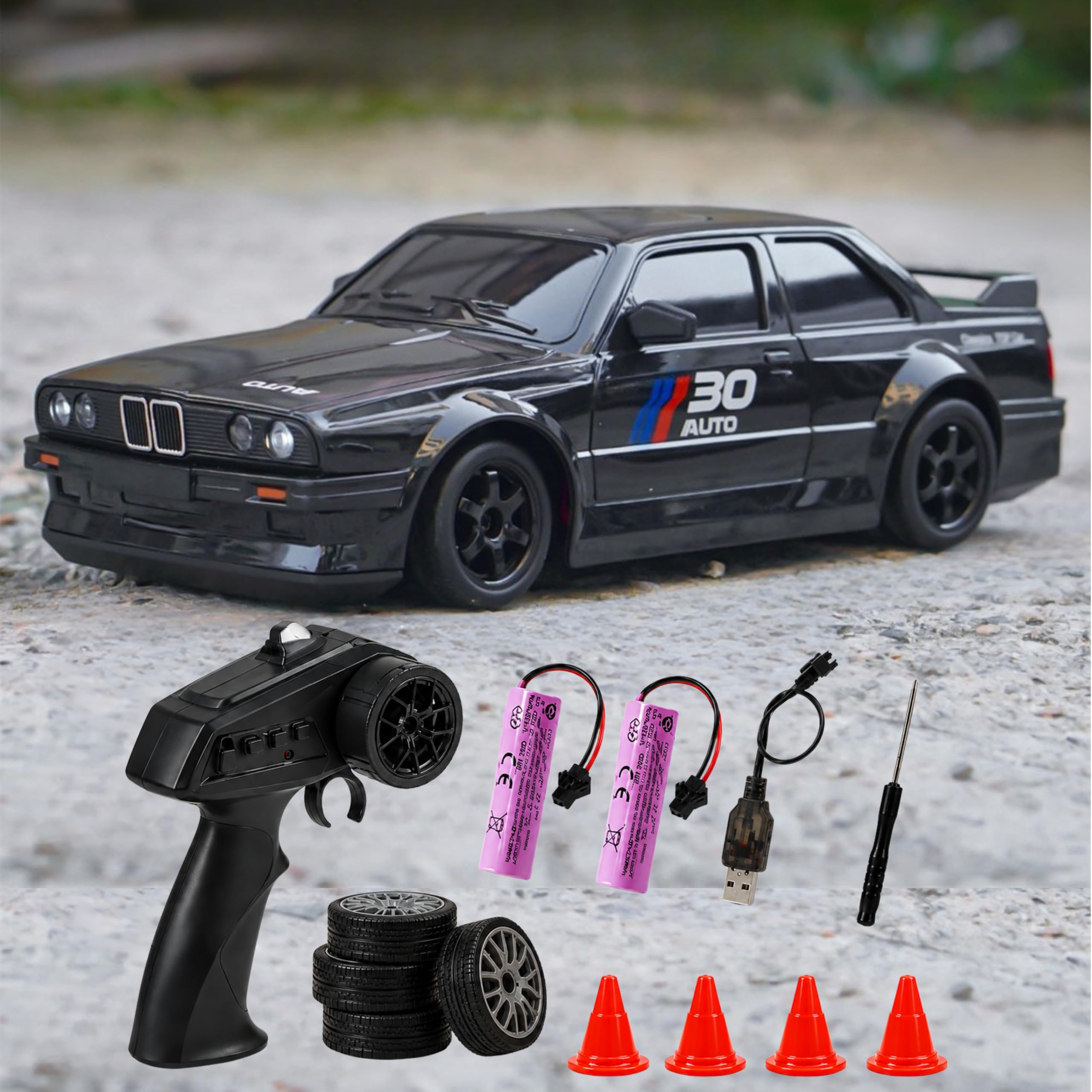 Retro BMW RC Drift Car 4X4, 1:24 Scale, 2.4GHz Remote Control, 20km/hr Max Speed, Race & Drift Tyres, Underbody Lights, Best Gift for Boyfriend and Kids (Black)-image-24