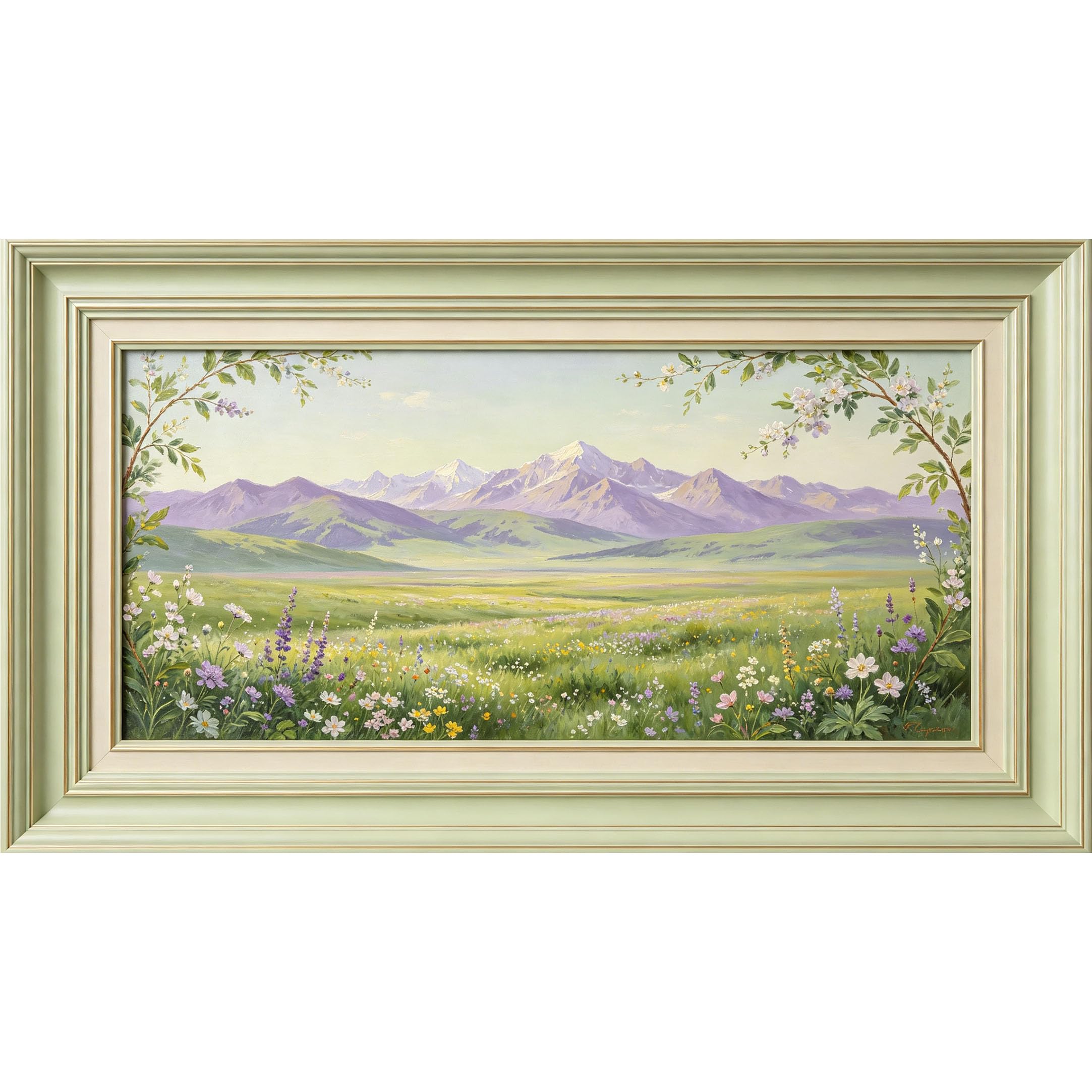 QZLITHOTIC 50x90cm3D Framed Wall Art， Mountain Meadow Landscape Self‑Adhesive Mural， Water‑Activated Peel & Stick Fabric Decor Wall Decal for Bedroom Living Room