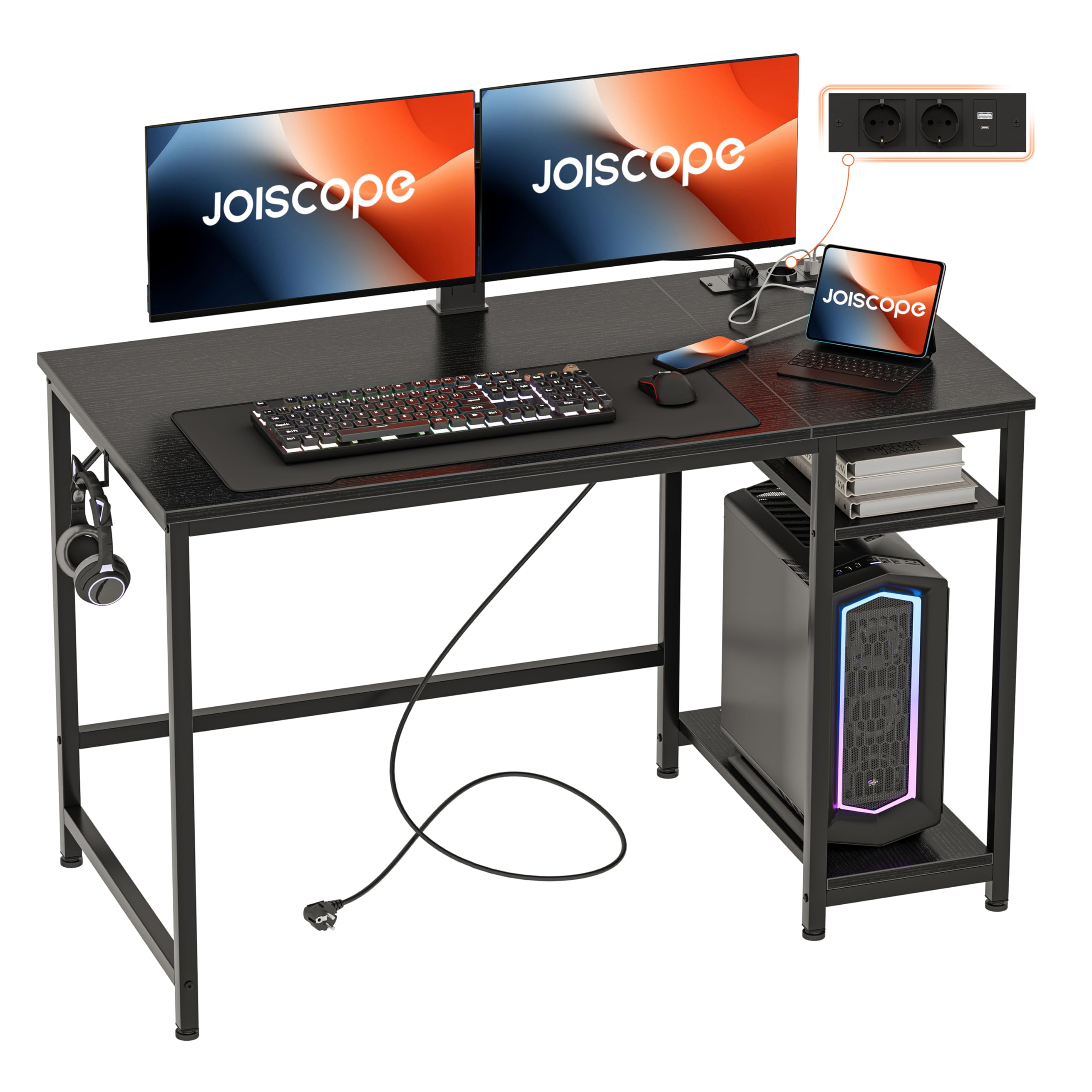 JOISCOPE Escritorio Ordenador con Puerto de Carga USB y Tipo-C y 2 Tomas de Corriente,Escritorio Estudio y Juego Que Ahorra Espacio con Gancho y Estante de Almacenamiento de 2 Niveles,120x75cm,Negro
