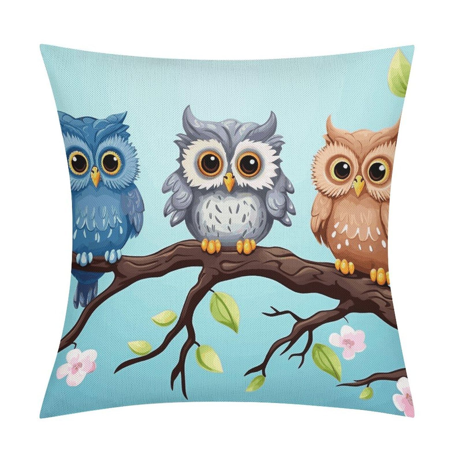 LZQPOEAS Owls on A Branch Throw Pillow Covers, Waterproof Faux Linen Pillow Cases with Invisible Zipper, Decorative Square Cushion Covers for Sofa Couch Living Room Bedroom 18x18 Inch
