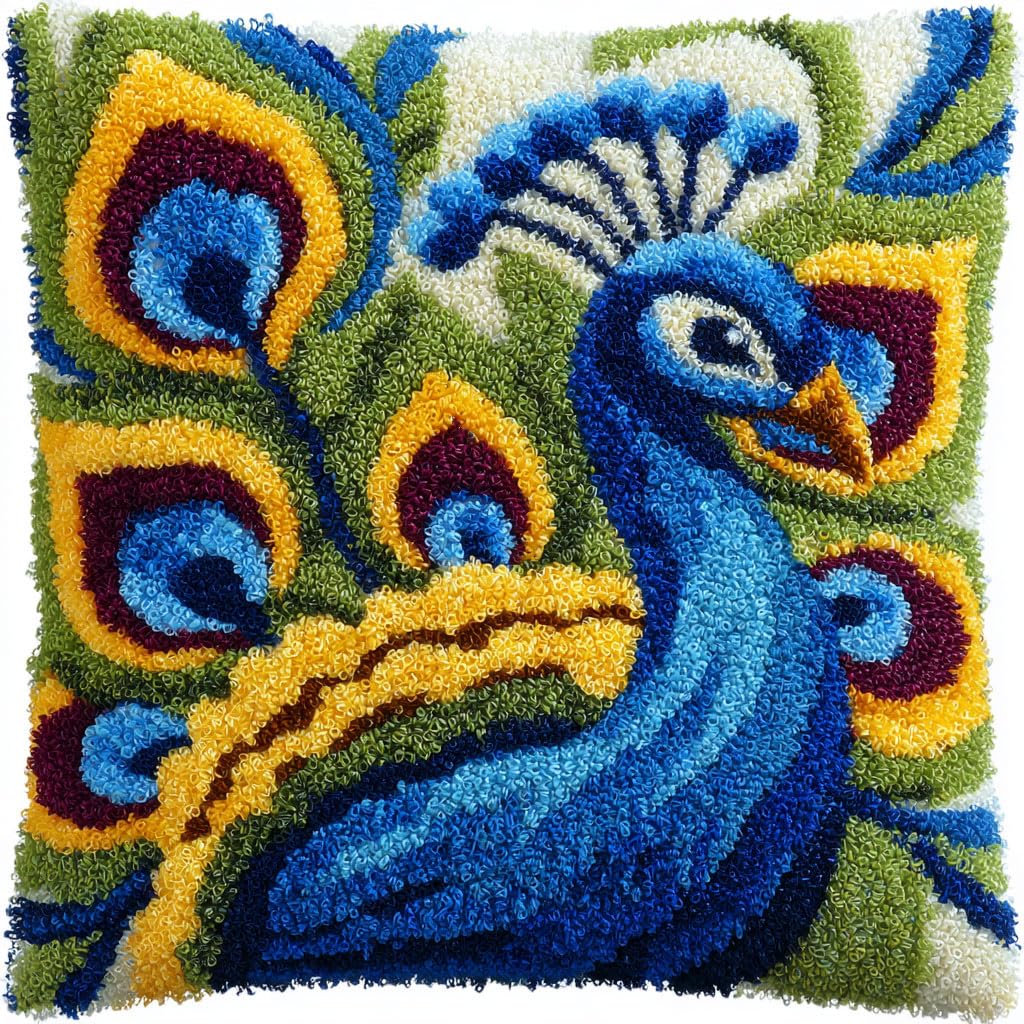 Taxpy Latch Hook Cushion Kit-C Latch Hook Pillow Case Embroidery Kits, Animal Peacock Diy Needlework Latch Hook Cushion Cover Kits,Sofa Cushion Cover,17X17inch