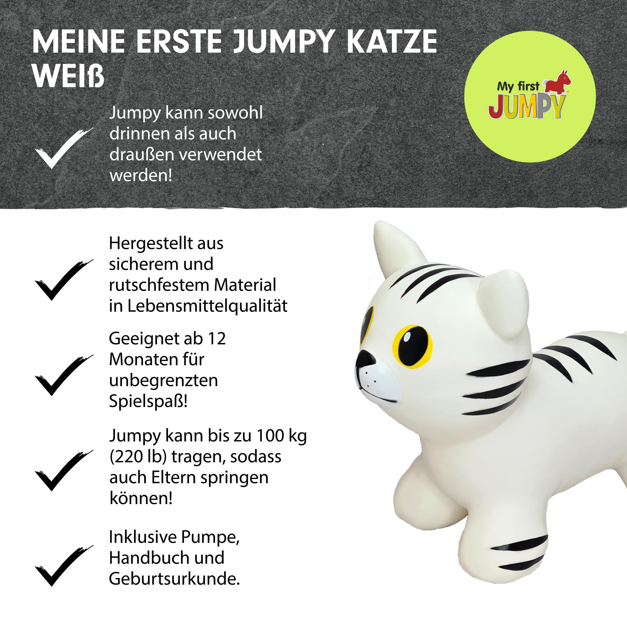 GERARDO'S Toys My First Jumpy für Kinder ab 1 Jahr, Bouncy Hopper Ride on Animal White Cat mit Pumpe enthalten, aufblasbare Hüpfburg für Kleinkinder drinnen und draußen