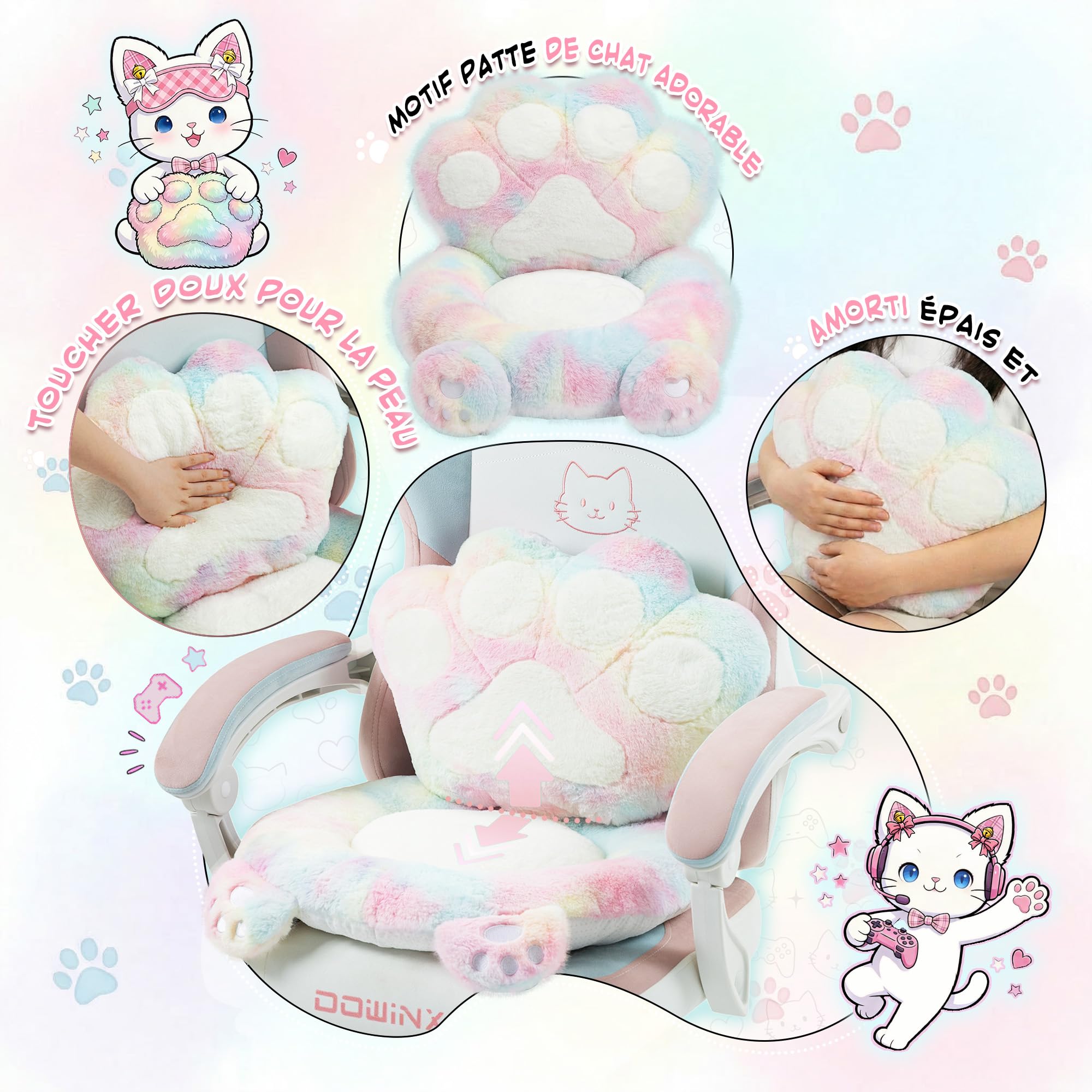 Dowinx Chaise de Gaming Ergonomique Multicolore et Blanc avec Repose-Pieds, Motif Pattes de Chat, en Tissu, Design d'assise sans Ailes, réglable, pour Adultes