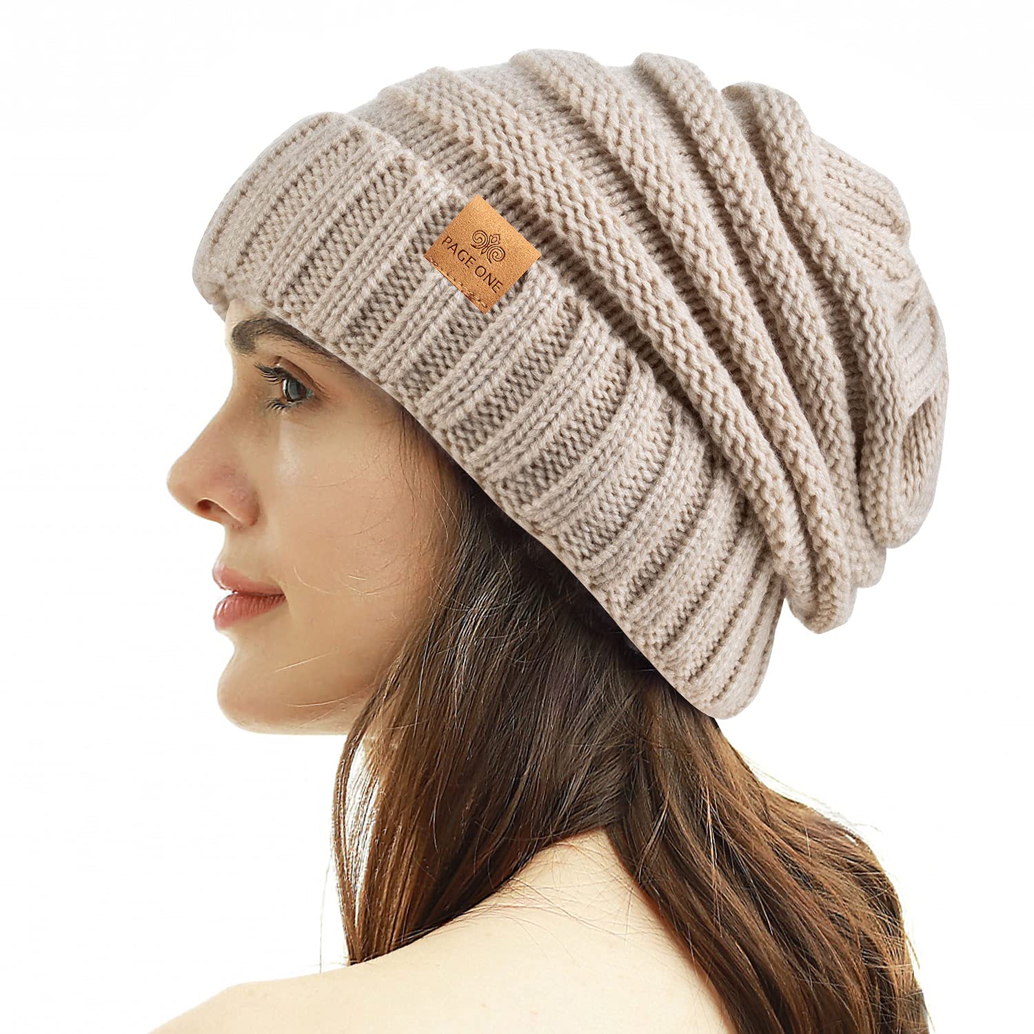 Page ONE Womens Winter Beanie Warm Cable Knit Hat Style Stretch Trendy Ribbed Chunky Cap Oatmeal