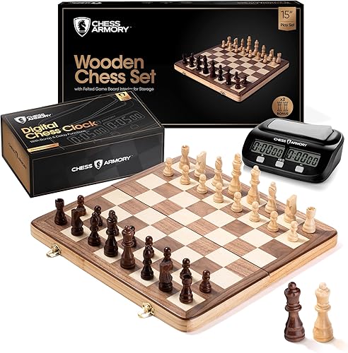 Chess Armory Juego de ajedrez de madera de 15 pulgadas y reloj de ajedrez para niños y adultos