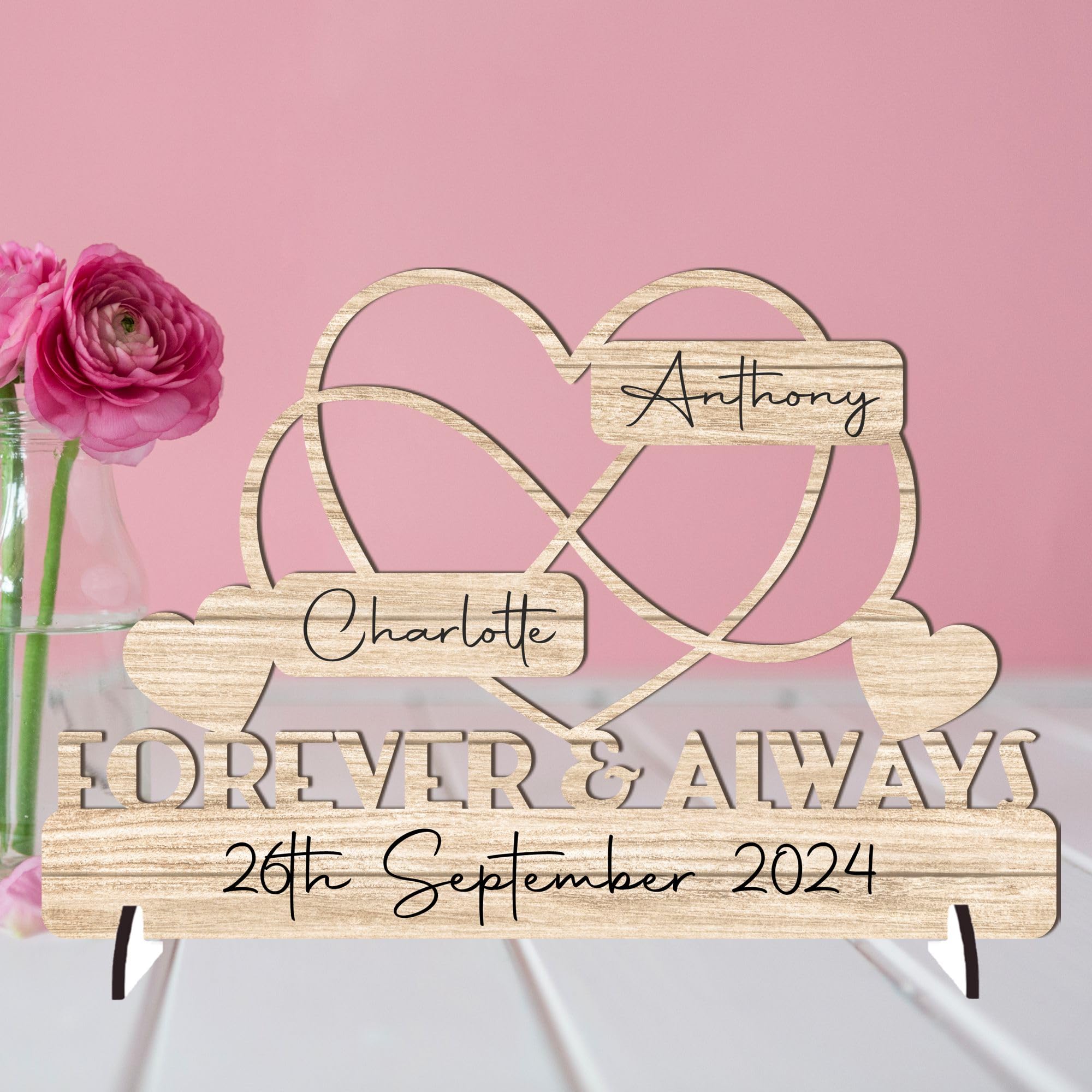 Personalised Forever & Always Infinity Heart Sign Wedding Anniversary Sign - Customised with Couple's Names and Marriage Date - Gift for Him, Her, and Couples - 20cm x 13cm (Beige Wood Effect) — image 1