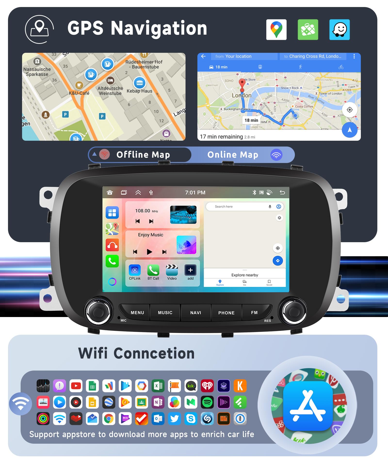 8 CORE 4G+64G Autoradio Android 13 per FIAT 500X 2014-2020, 7" HD IPS Touchscreen Stereo Auto co DSP Carplay Android Auto GPS Wi-Fi Bluetooth Radio FM RDS Retrocamera