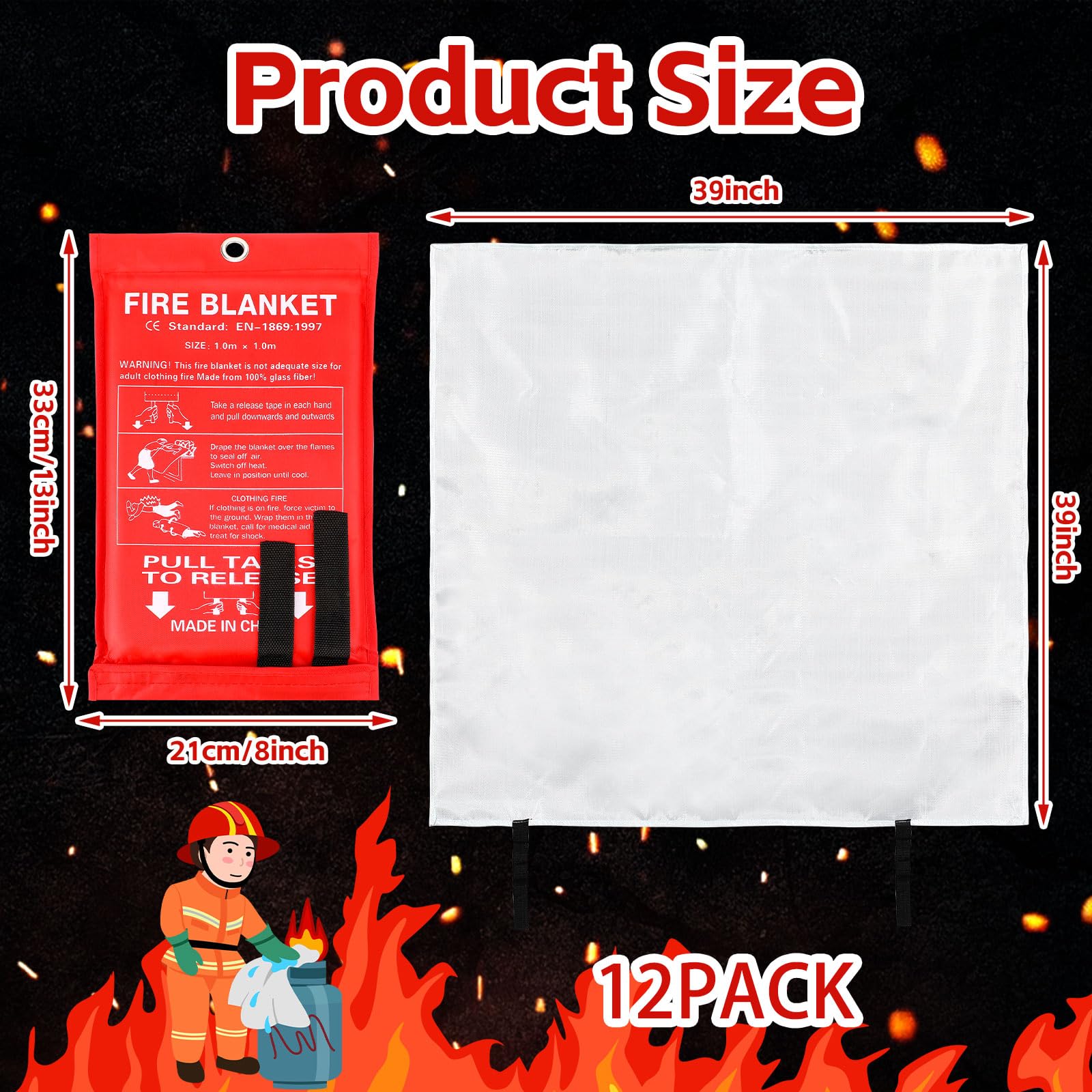 Macarrie 12 Pack 39” x 39” Fire Blanket Emergency Fire Blanket for Home and Kitchen Suppression Blanket Safety Fiberglass Fireproof Blanket Survival for Fireplace Car Office Camping (Red)