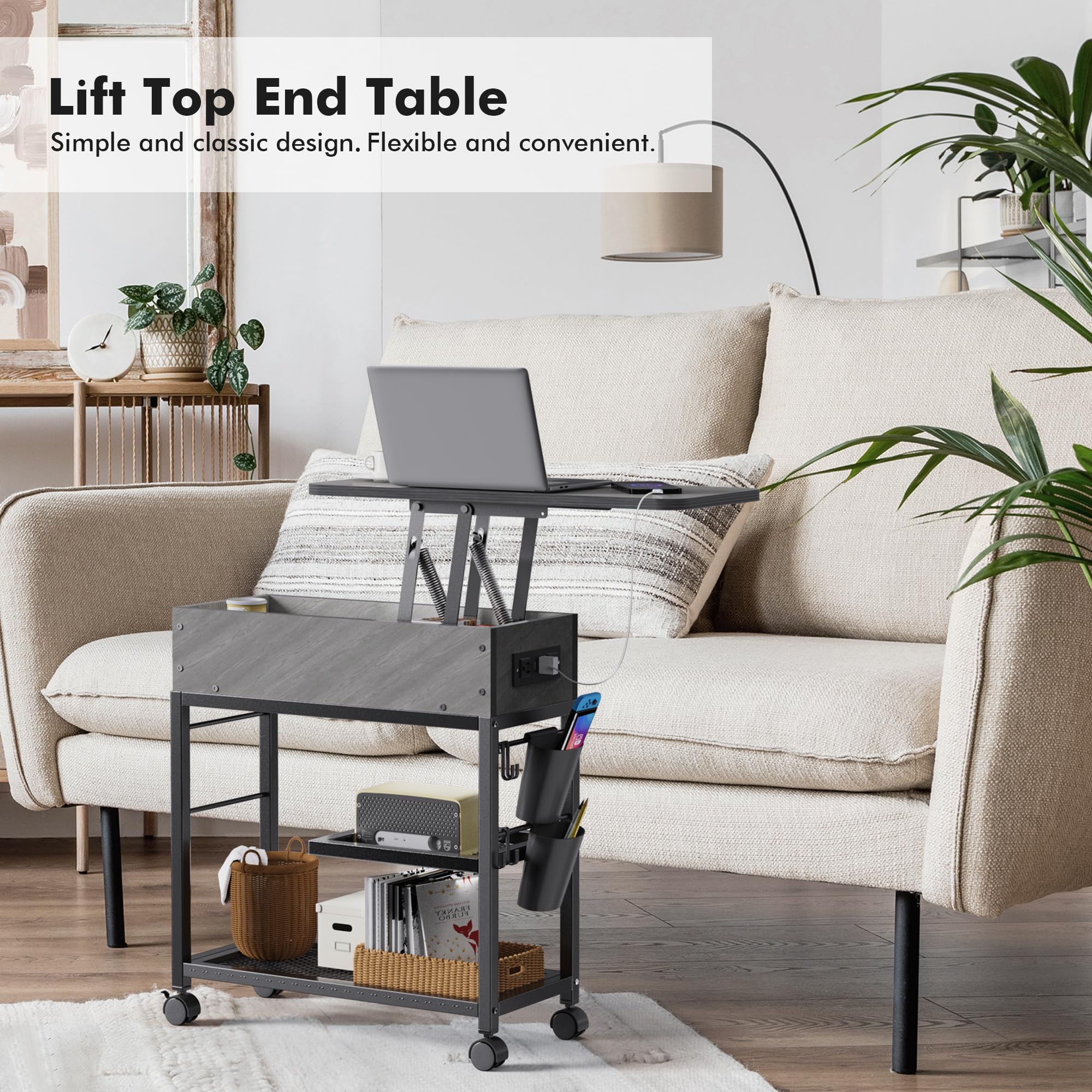 Colima Lift Top End Table with Charging Station and Wheels, Sofa Side