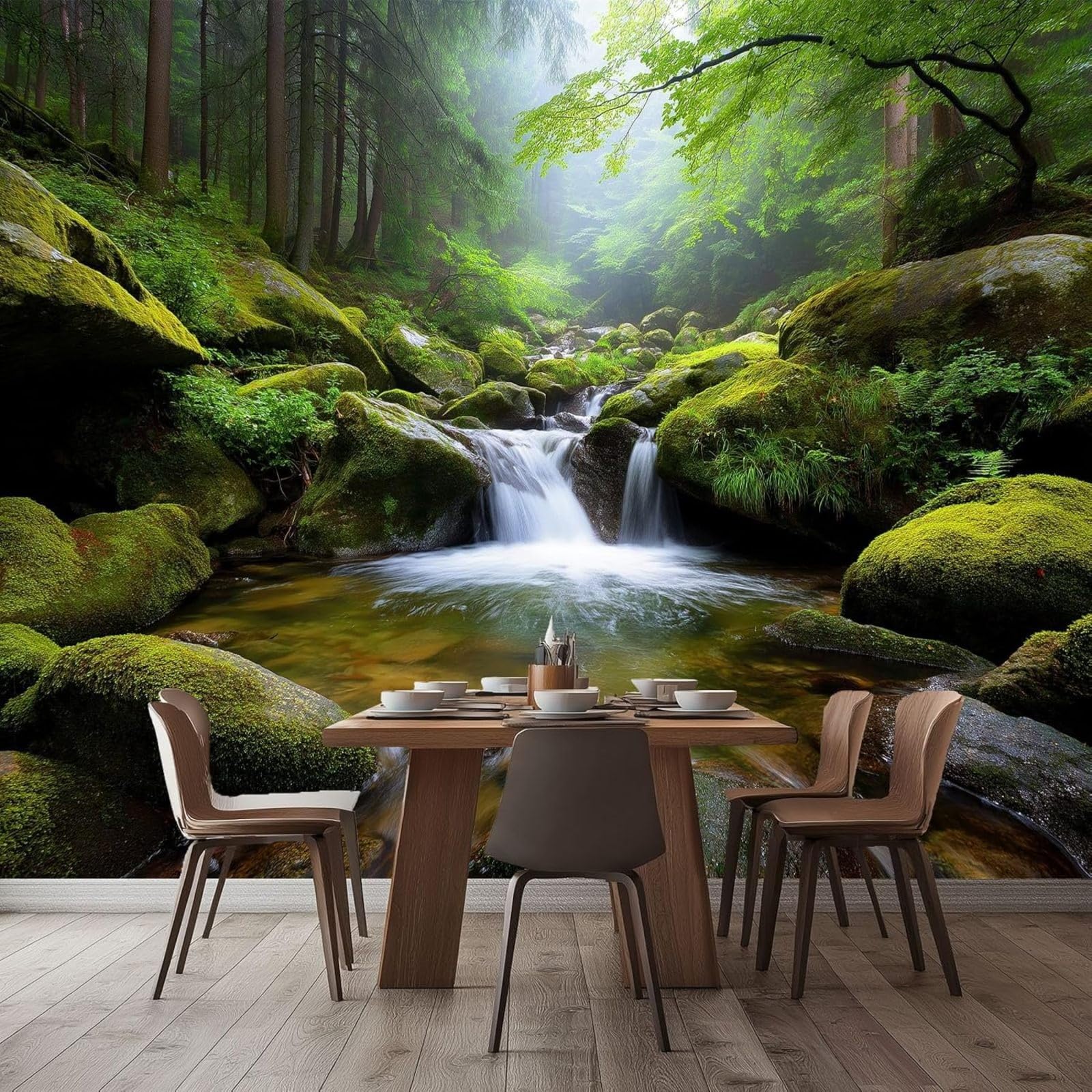 Non-woven photo wallpaper, natural landscape 3D effect, wall mural forest waterfall stream - green modern decoration for living room bedroom office, 250cm x 175cm stickers - frameless painting - poste