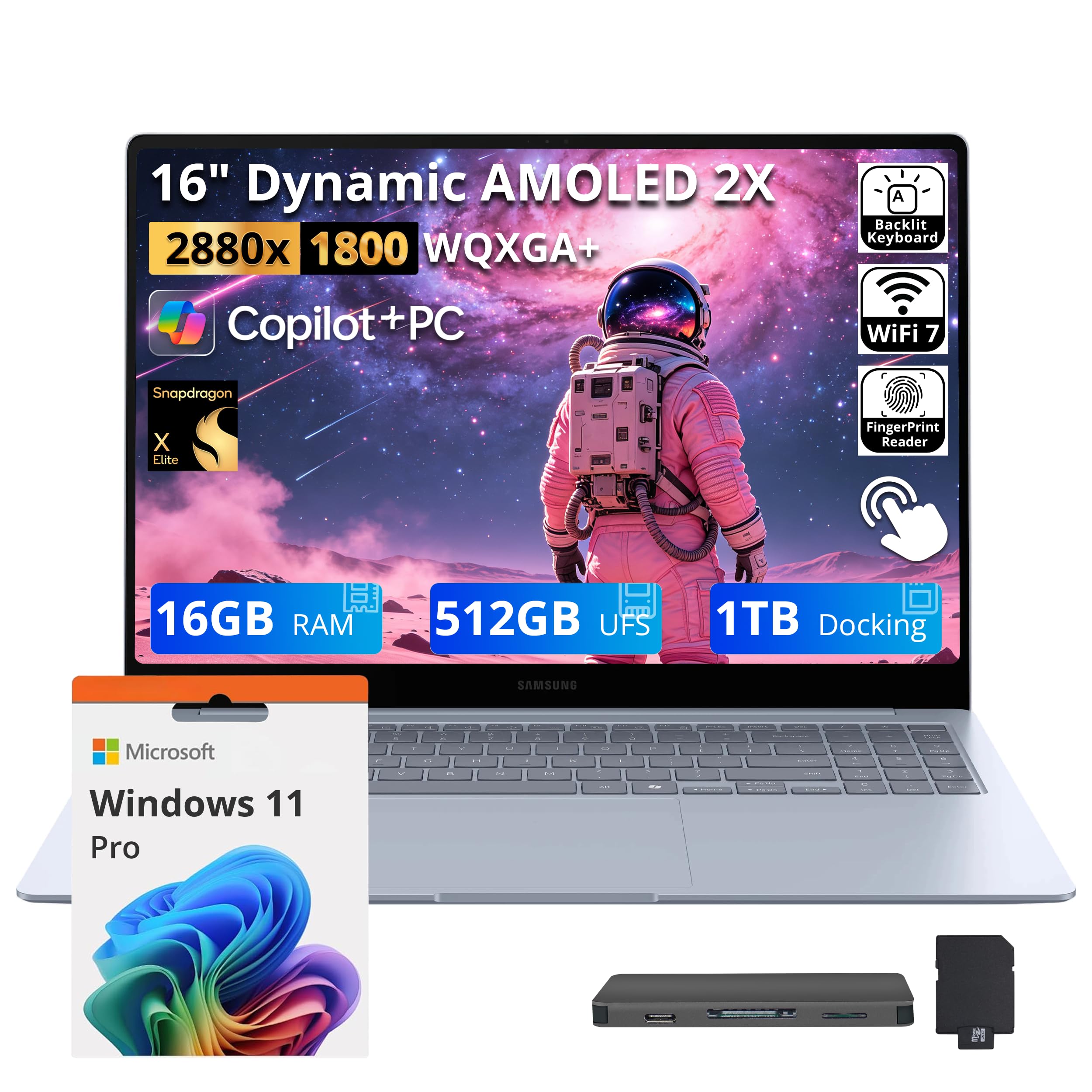 Samsung Galaxy Book4 Edge Laptop, 16" 3K Touch Display, Snapdragon X Elite X1E-80-100, 16GB RAM, 1.5TB Storage (512GB UFS+1TB Docking Station), Copilot+ PC, Backlit, Fingerprint, Win11 Pro, Blue