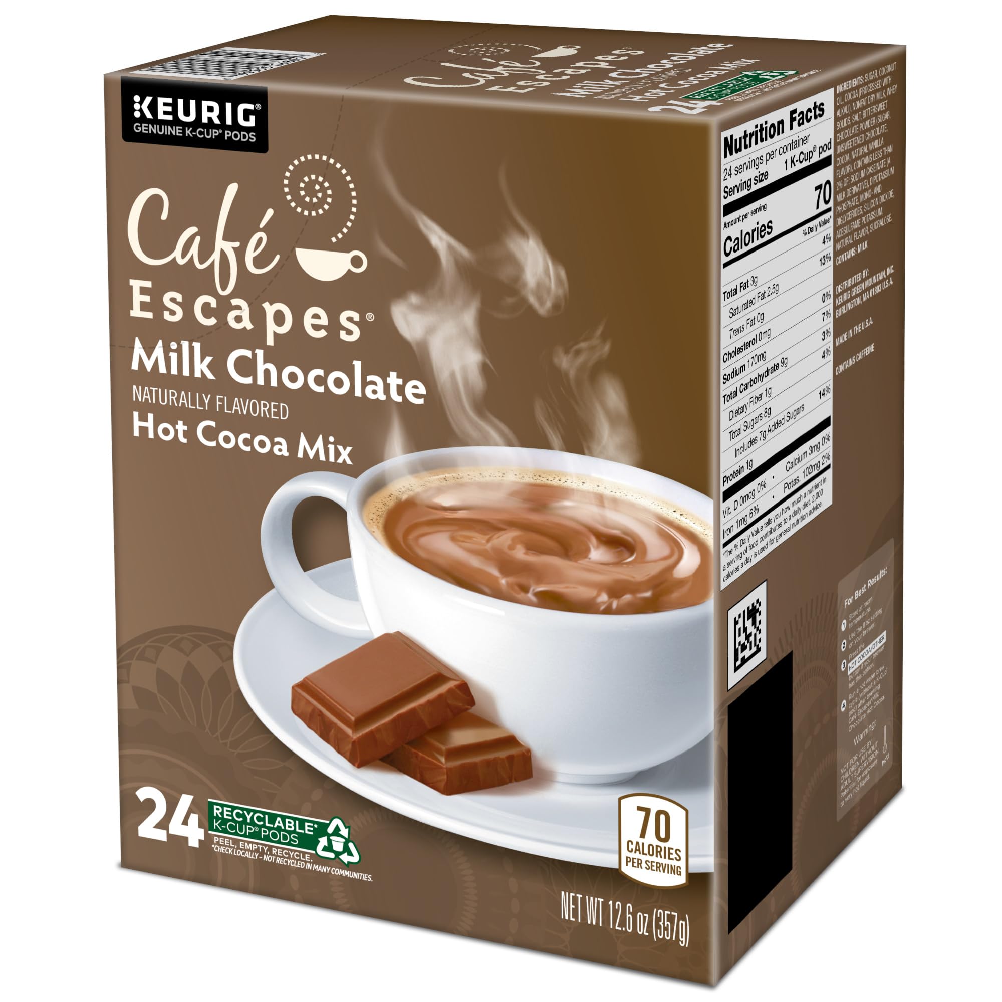 Cafe Escapes, Milk Chocolate Hot Cocoa, Single-Serve Keurig K-Cup Pods, 96 Count (4 Boxes of 24 Pods)