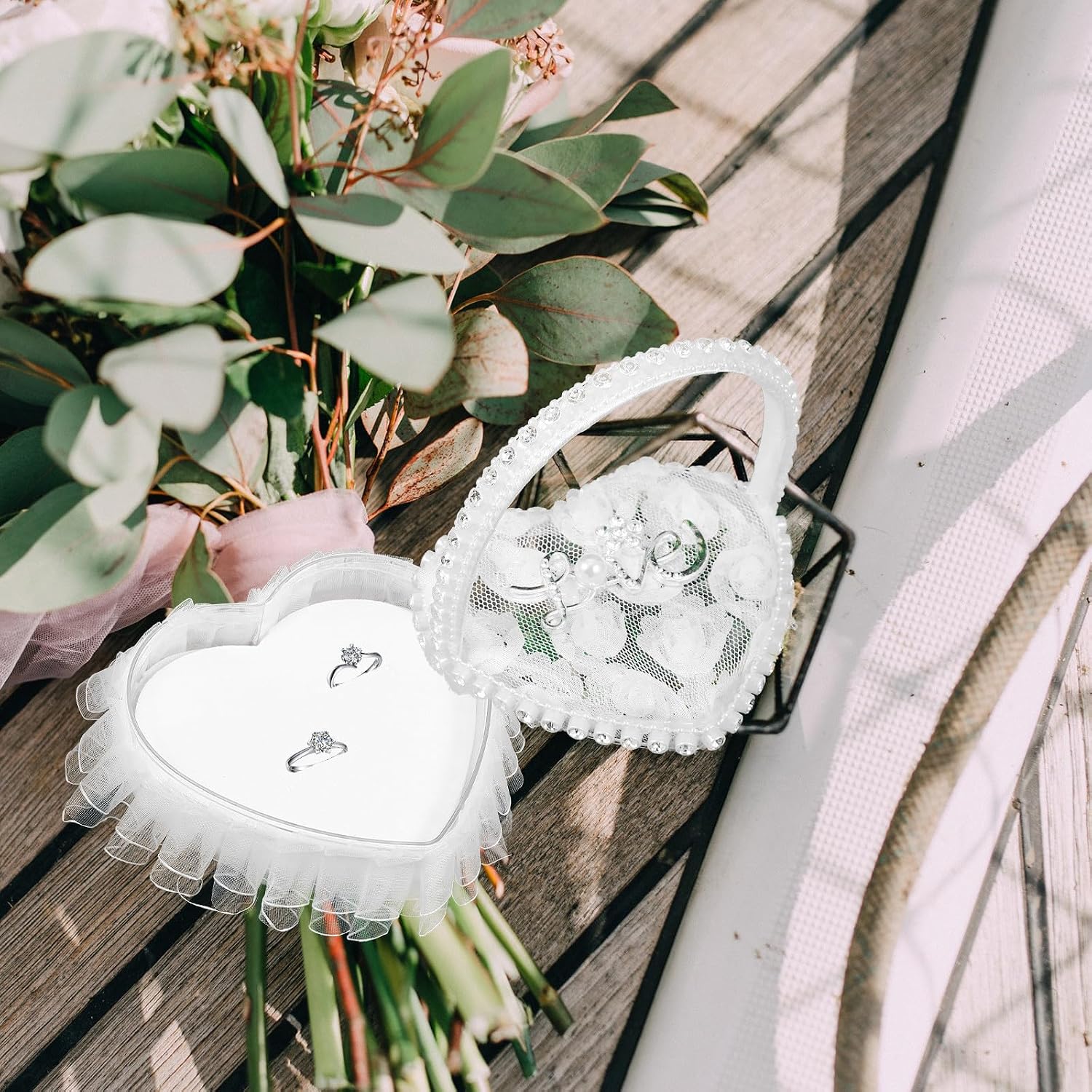 SEWACC Wedding Ring Pillow Heart-Shape Lace Bridal Ring Bearer Holder Pillow Cushion with Handle for Wedding Party Engagement Proposal Anniversary Ceromony