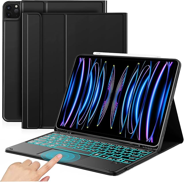 JANOLTY Keyboard Case Compatible with iPad Pro 12.9 2022/2021/2020/2018, QWERTY Backlit Removable Bluetooth Keyboard with Touchpad Compatible with iPad Pro 12.9 Inch 6/5/4.Generation/3rd Gen, Black