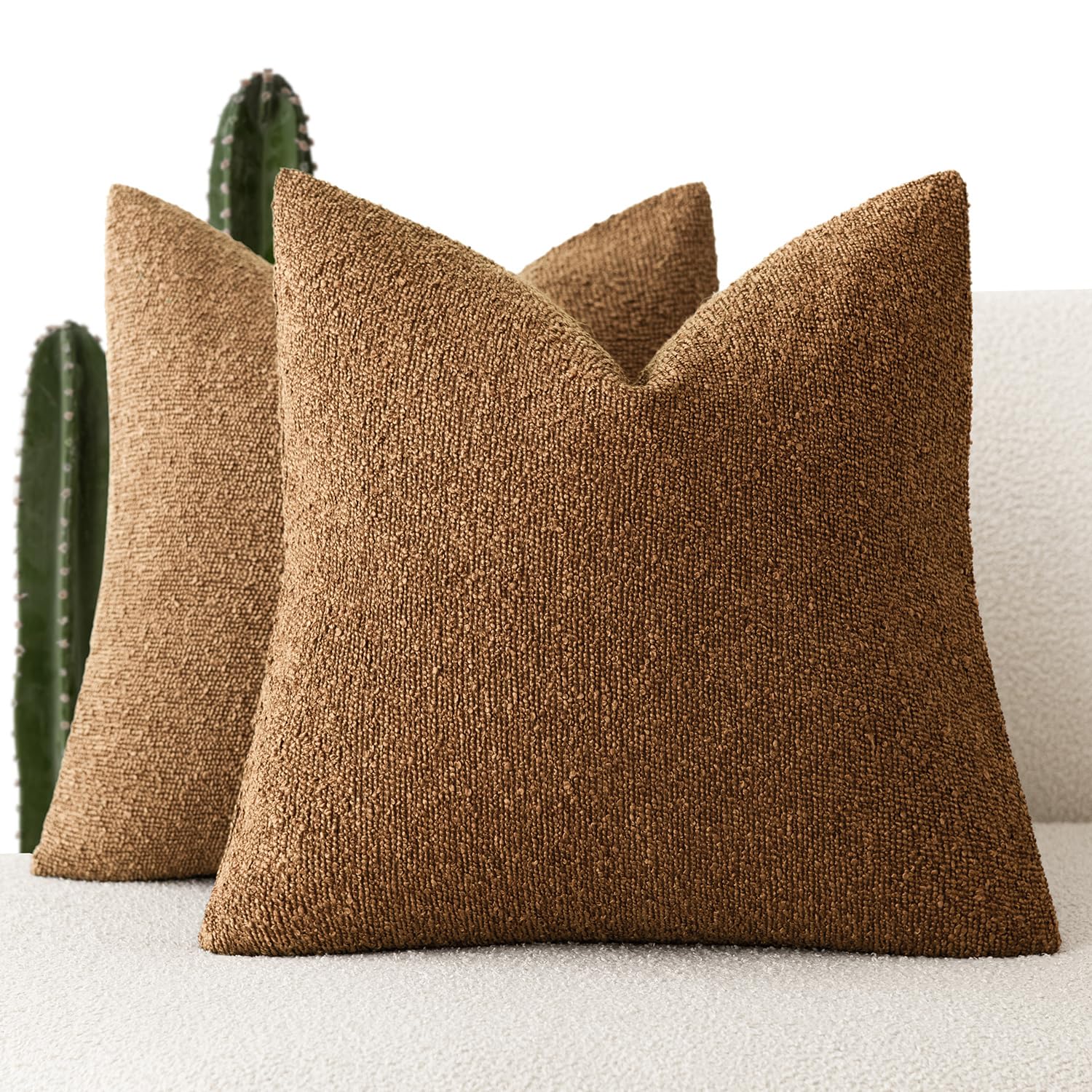 Foindtower Pack of 2 Modern Textured Boucle Throw Pillow Covers Accent Solid Decorative Pillow Cases Cozy Woven Couch Cushion Case for Chair Sofa Bedroom Living Room Home Decor 20x20 Inch Hazel Brown