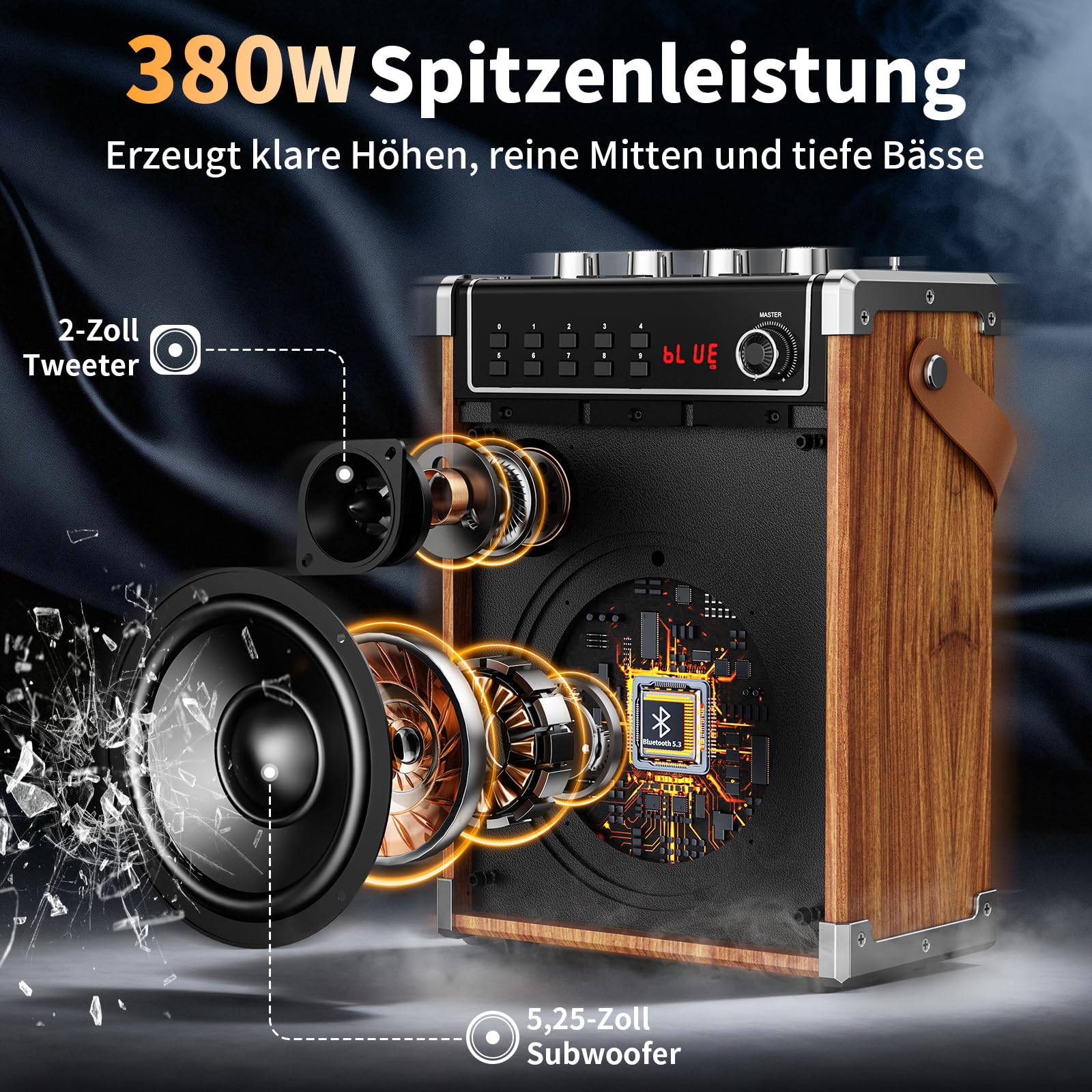 JYX Karaoke Maschine mit 2 UHF-Funkmikrofonen, Bluetooth-Lautsprecher mit Bass-/Höhen-Einstellung und LED-Licht, PA-Systemunterstützung TWS, AUX in, FM, Rec, Versorgung für Party/Erwachsene/Kinder