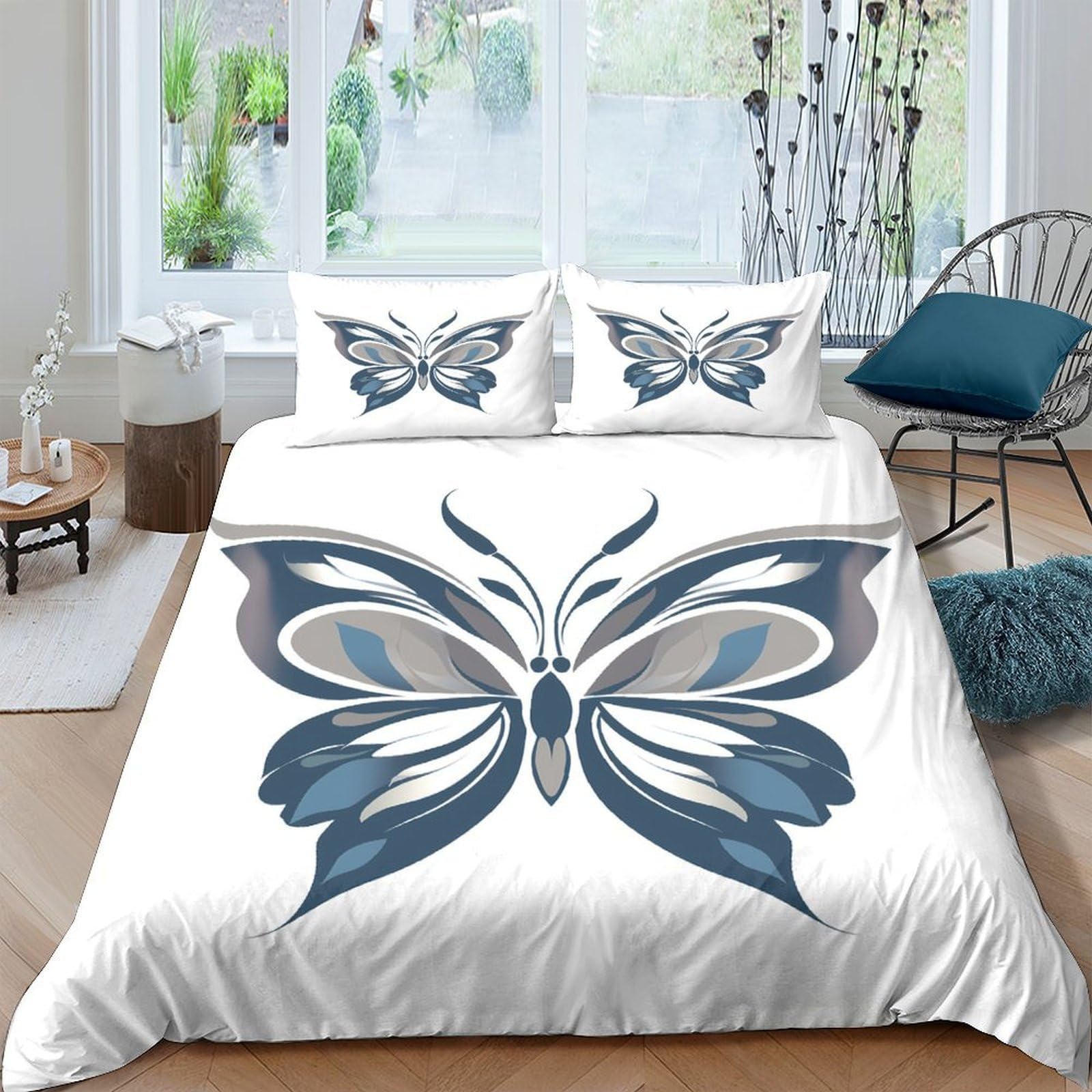 Ctjqhvkz Style-1 3D Printed Blue Butterfly Fitted Sheet Microfiber Soft Artistic Grey Butterfly Bed Cover For Bedroom Guest Room Easy Care Single（135X200cm）