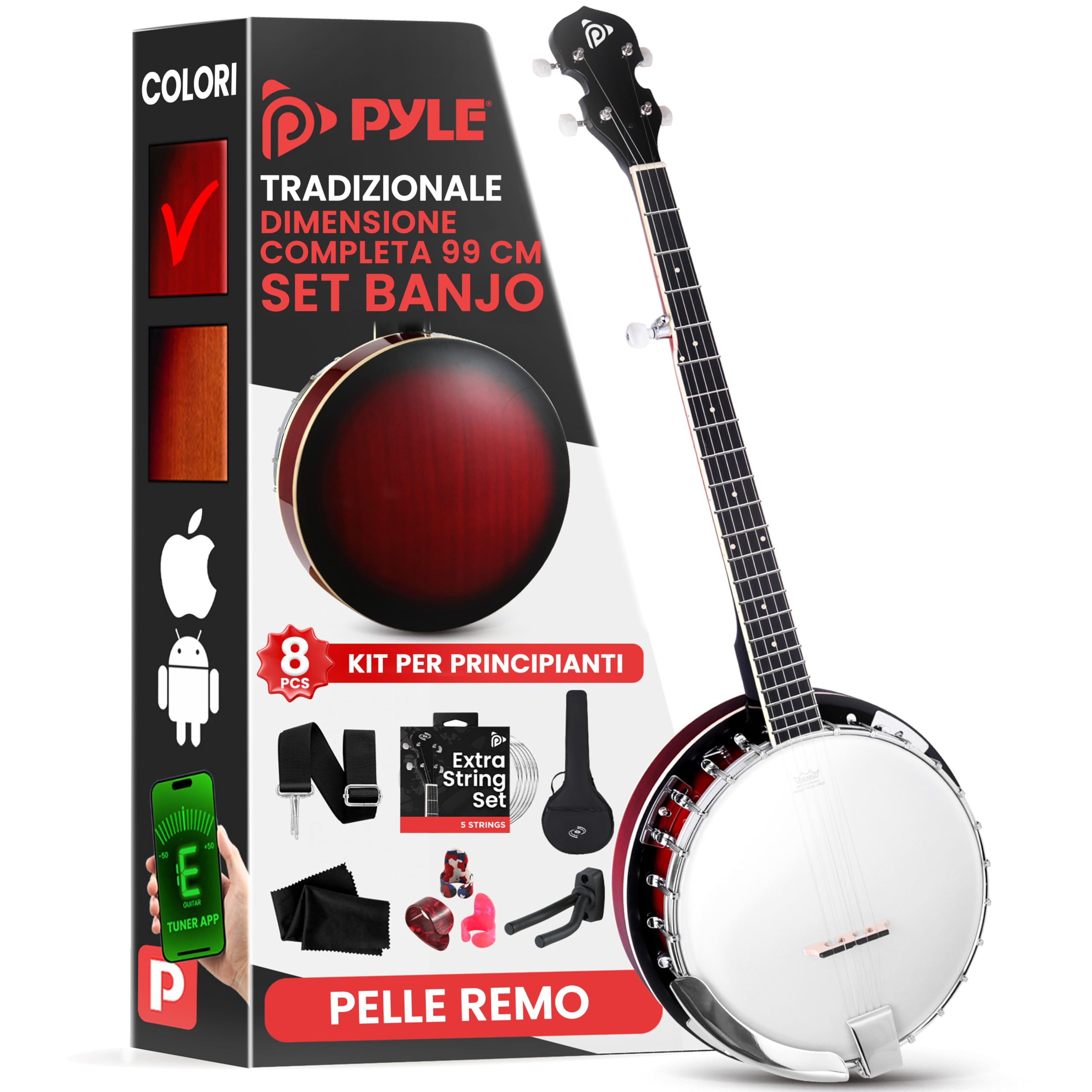 Pyle Kit Iniziale Banjo a 5 Corde con Risonatore, Staffa 24, Tamburo Remo, Retro in Legno Duro, Accordatore, Plettri, Tracolla e Borsa